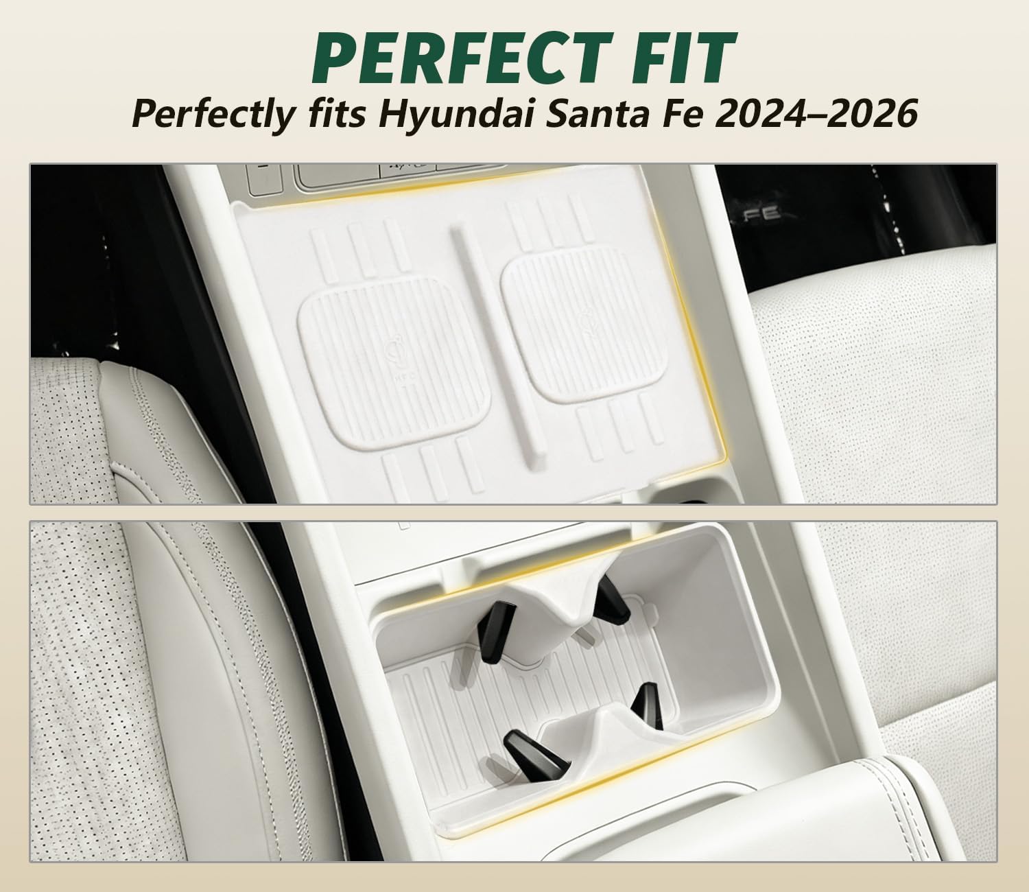 Cup Holder Insert & Wireless Charging Protective Mat for 2024 2025 2026 Hyundai Santa Fe White 2Pcs (Scratch & Scuff Free) (Easy to Clean) Center Console for Hyundai Santa Fe Accessories