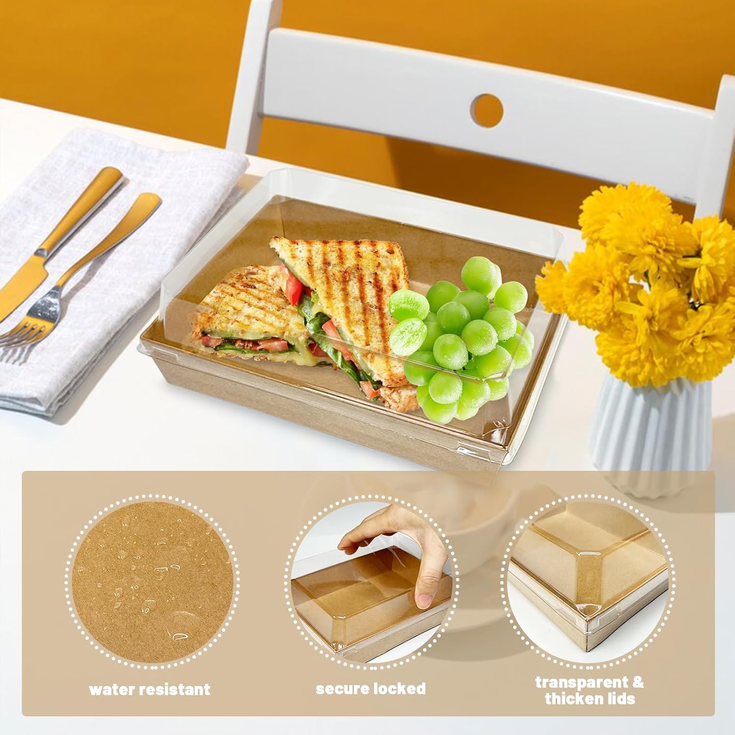 100 Pack 7x5 Inches Charcuterie Boxes with Clear Lids, Paper Bakery Boxes with Window Take Out Containers for Salads, Strawberries, Cookies and Treats (Brown)