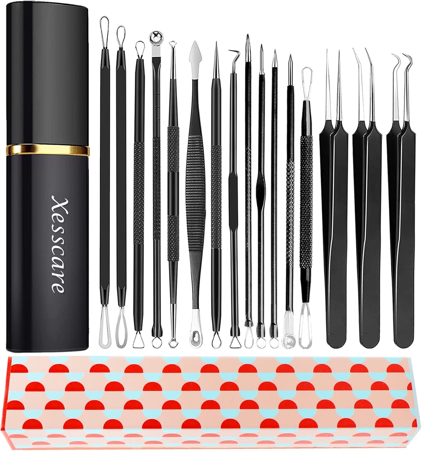 Xesscare Pimple Popper Tool Kit 16 Pcs Blackhead Remover Tool Comedones Tweezers Acne Extractor Blemish Whitehead Removal Tool for Facial, Nose and Forehead Black : Beauty & Personal Care