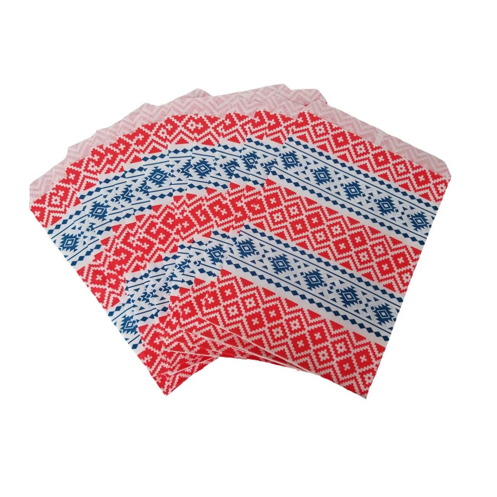100 Stück flache unifarbene Papiertüten oder gemusterte Tüten für Süßigkeiten, Kekse, Merchandise, Stifte, Gastgeschenke, Geschenktüten (15,2 x 22,9 cm, Tribal-Druck)