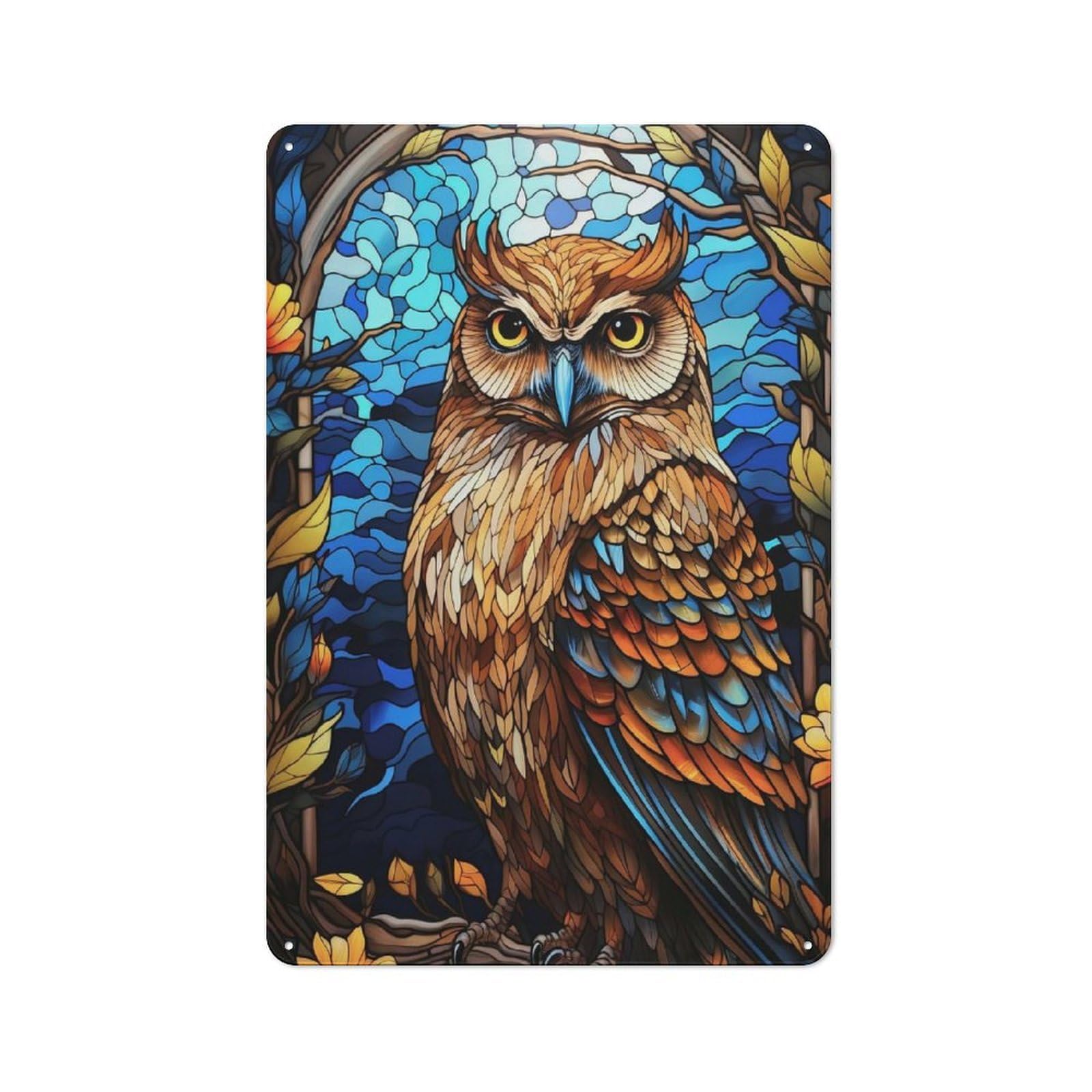 Junmoney Stained Glass Owl Portrait Metal Wall Sign 30X20cm Featuring For Garage Or Workshop, For Garage, Workshop And Man Cave Decoration