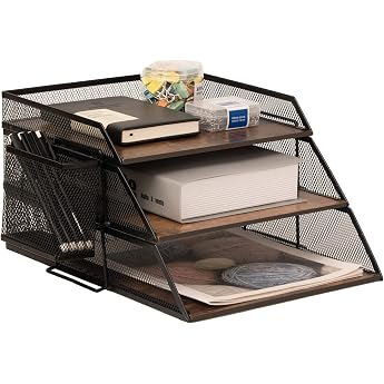 Vintage Style Wooden Metal Letter Tray Stackable Desk Organizer Paper Tray File Magazine Mail Tray with Pen Holder (3 Tiers)