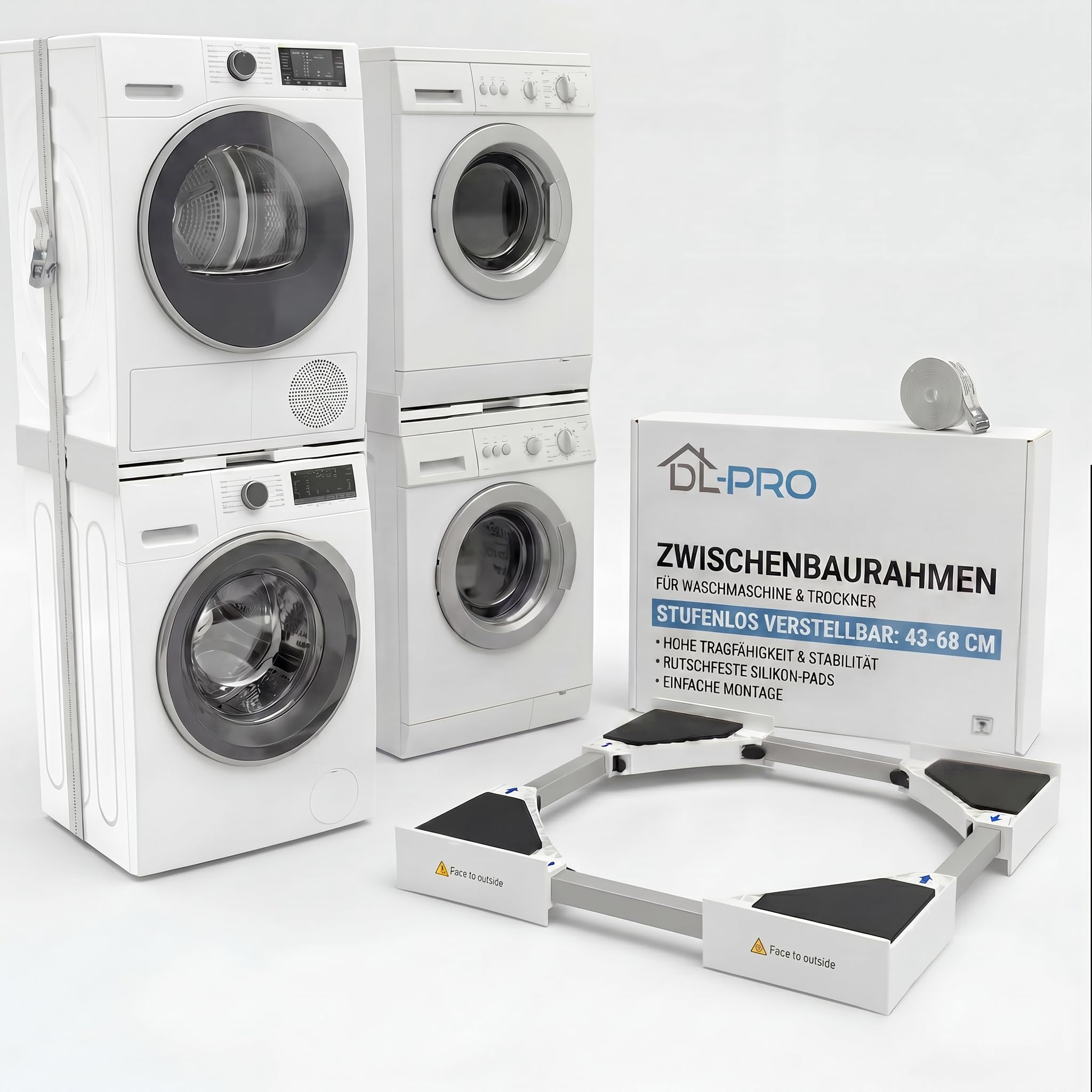 DL-PRO Universal Zwischenbaurahmen 43–68 cm Set | Verbindungsrahmen für Waschmaschine Trockner stapeln mit Ratschenseil | kompatibel mit Bosch Siemens Miele AEG Samsung LG Bauknecht