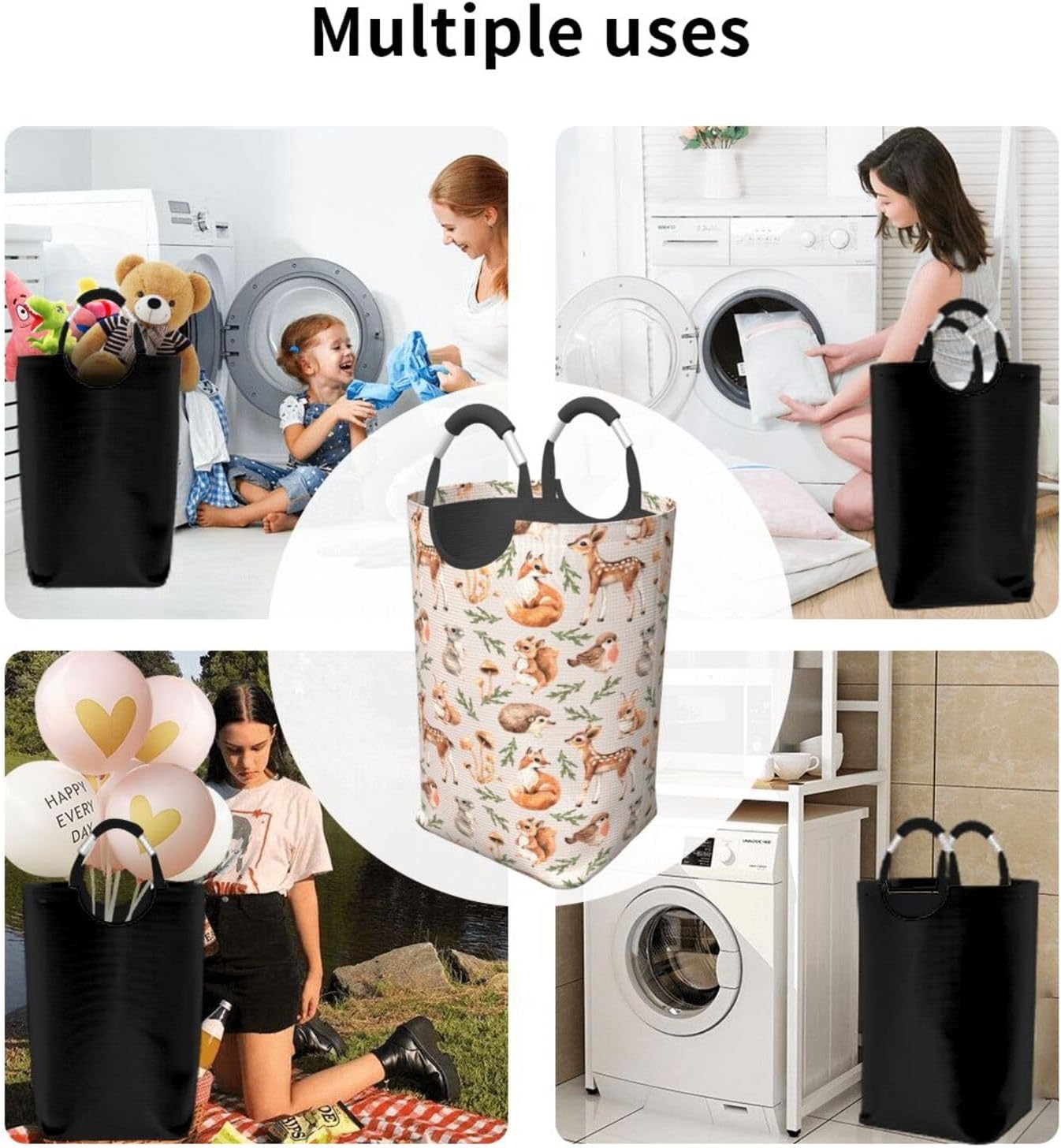 LIBIFALL Forest Animals Large Laundry Basket Cute Deer Fox Laundry Hamper Bag Collapsible Laundry Baskets Clothes Hamper with Handles Woodland Animal Storage Baskets For Bathroom,Dorm,Family 50L