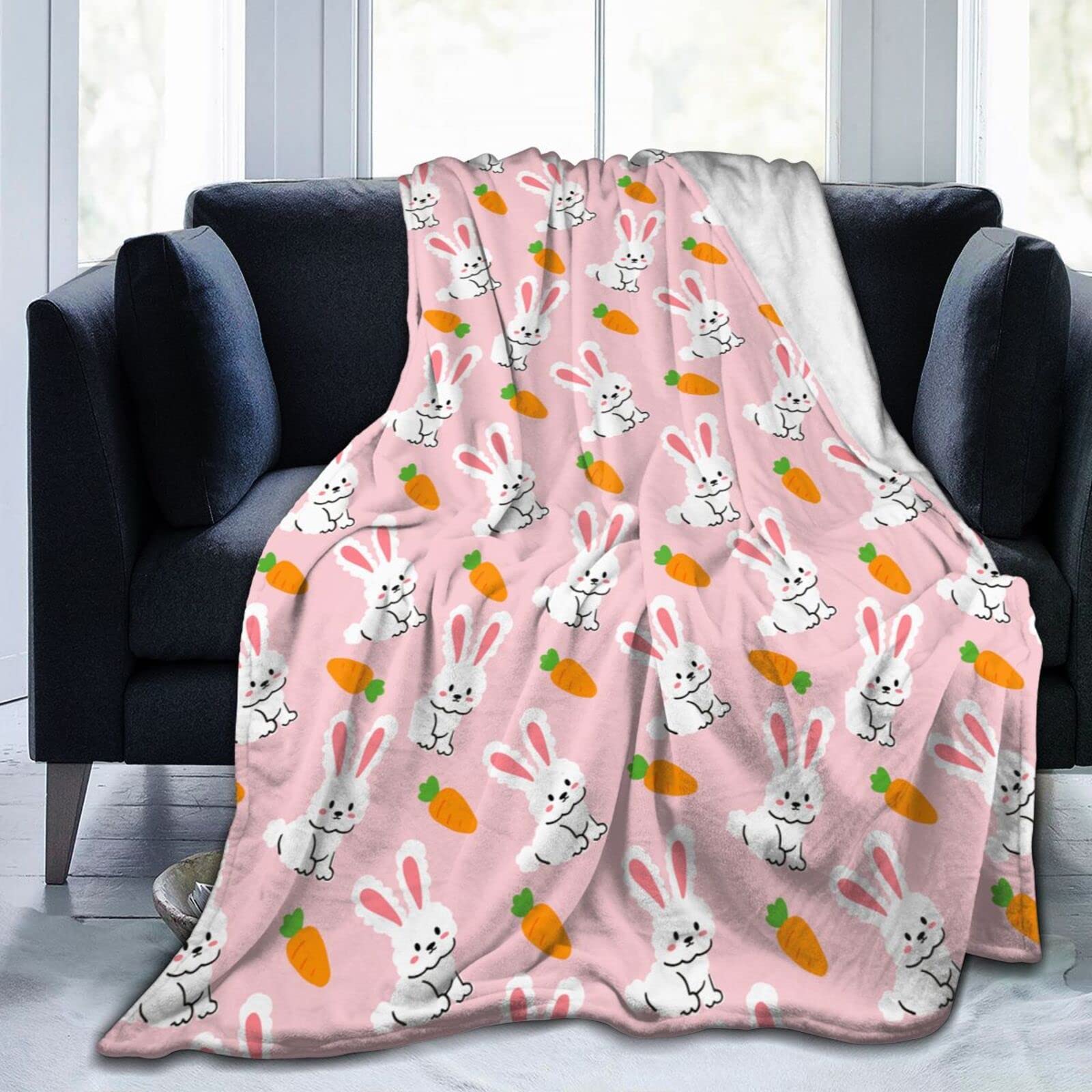 Lsjuee Rabbits with Carrots Throw Blanket Warm Cozy Lightweight Blankets Soft Easter Bunny Flannel Blanket for Sofa Couch Bed Office Holiday Decorative 50"X40"