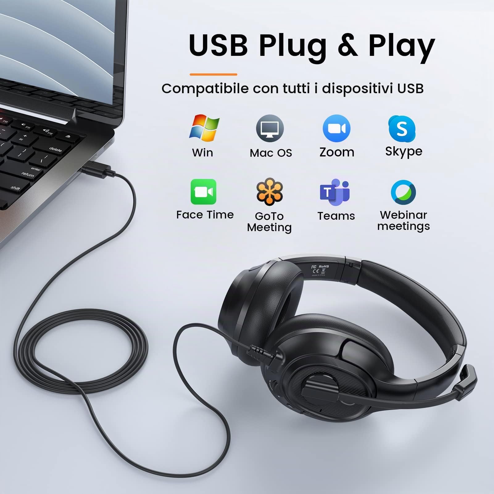 EKSA H2 Cuffie USB con Microfono, Cuffie da Ufficio con Microfono ENC, Interruttore Mute e Controllo del Volume, Cuffie Over Ear per PC con Filo per Business/Zoom/Teams/Call Center
