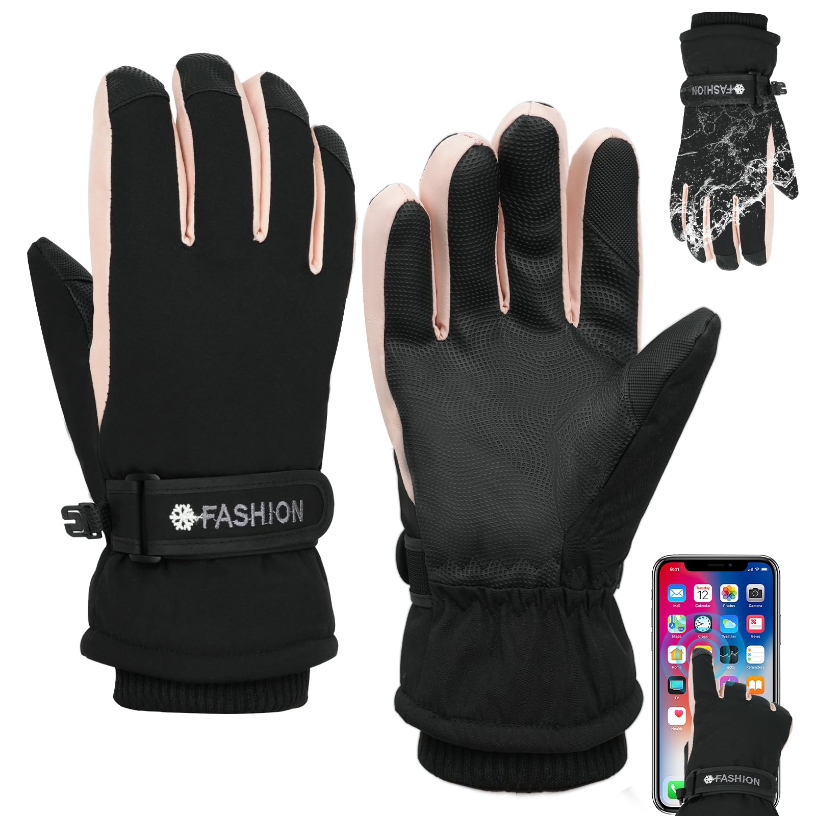 Gants de Ski Femmes, Gant Thermiques Imperméables pour Femme, Gants d'hiver Coupe-Vent Antidérapant, Écran Tactile pour Conduite Randonnée Ski Activités de Plein Air, Cadeaux d'Hiver Femmes