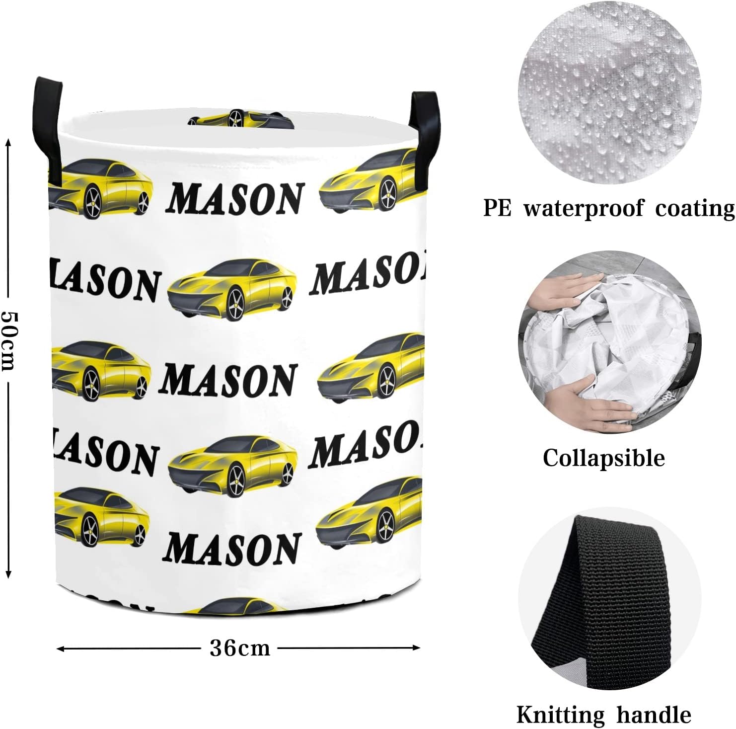 Yellow Race Car Name Personalized Laundry Basket Clothes Hamper with Handles Waterproof,Collapsible Laundry Storage Baskets for Bathroom,Bedroom Decorative 19.7"Hx14.2"D