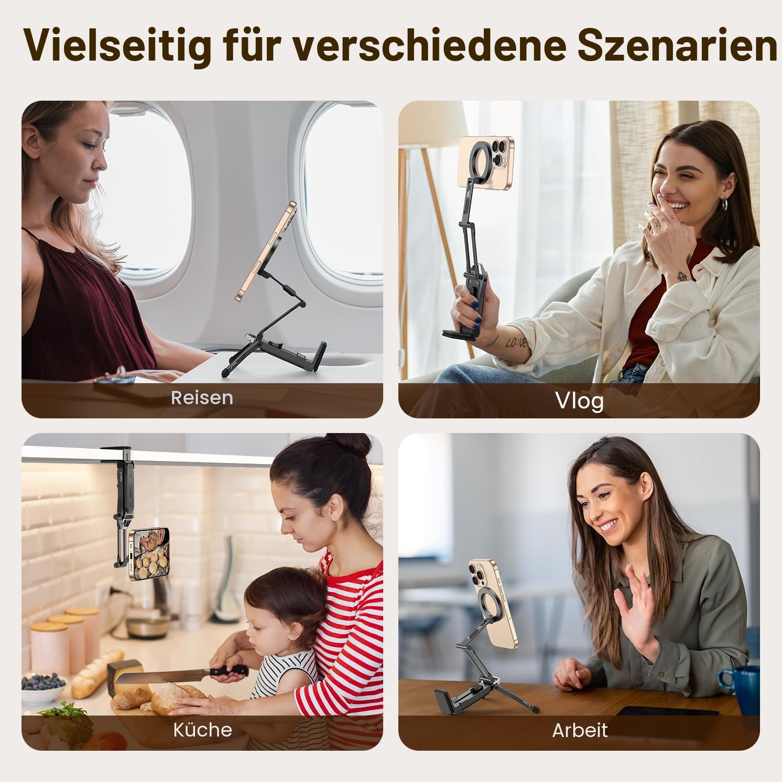 OMOTON TP02 Aluminium Magnetisches Handy Stativ, 360° Drehbar Selfie Stick Stativ für MagSafe, 4in1 Verstellbare Handyhalterung für iPhone 17/16/15/14 Pro Max Air, für Gym, Video, Vlog, Schwarz