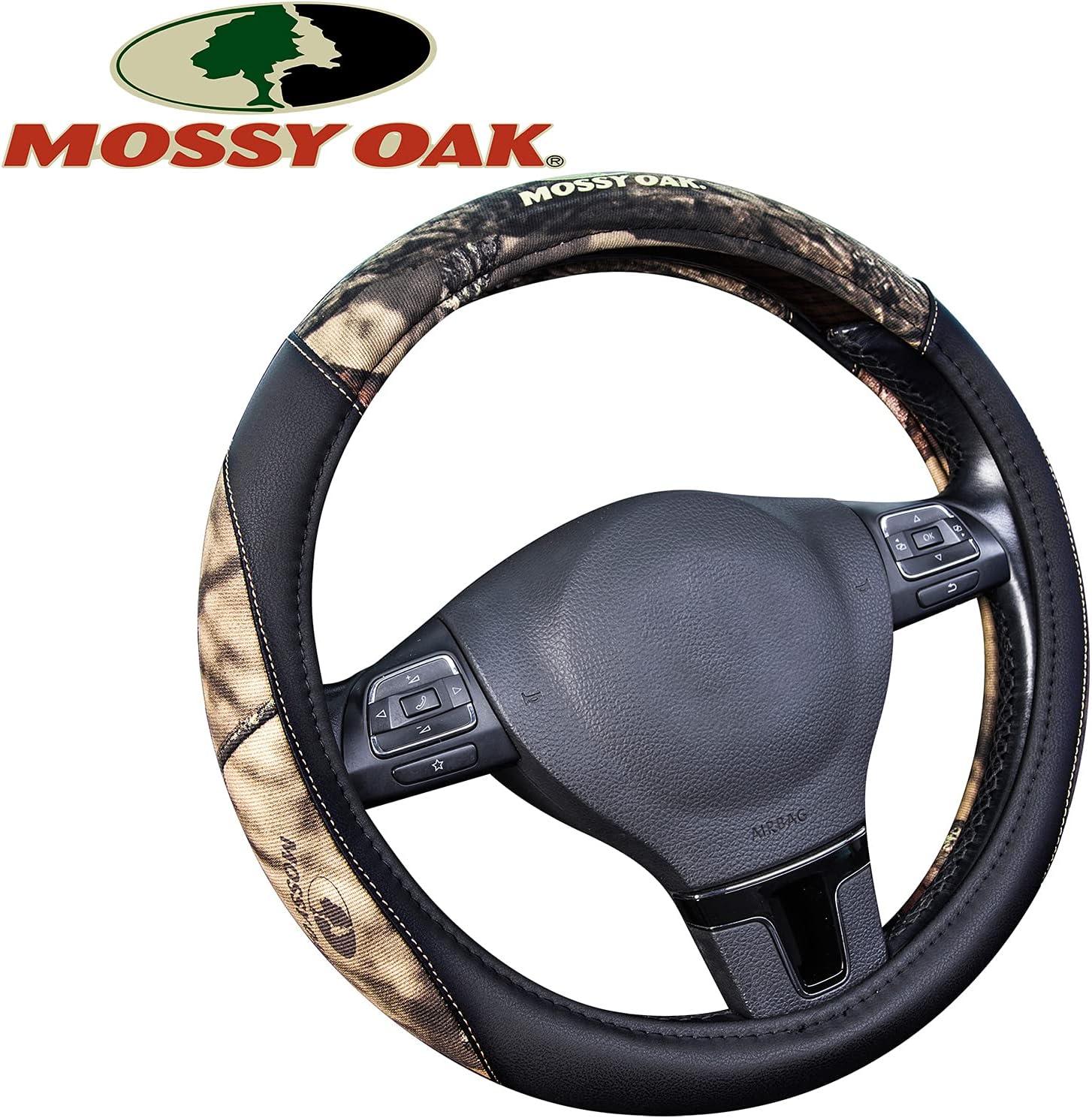 Mossy Oak Camo Steering Wheel Cover PU Leather and Cotton Twill, Universal Fit 14