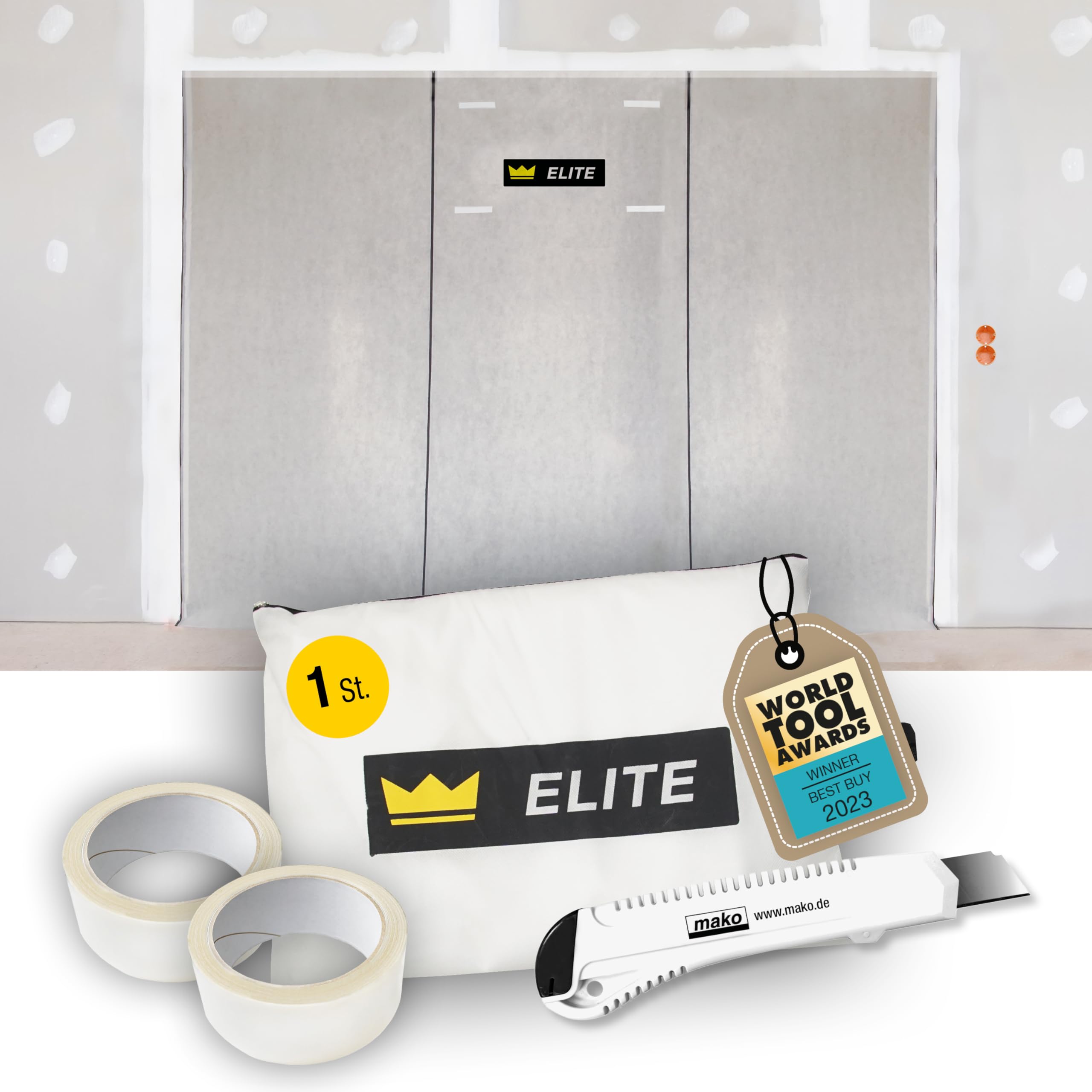 ELITE Staubschutzwand – 3,3 m x 3,2 m Profi-Qualität mit Transportbeutel und 2 Rollen Spezial-Klebeband, atmungsaktiver Vliesstoff, inkl. weißem Cuttermesser, Bautür, Staubschutztür, Schmutzschleuse