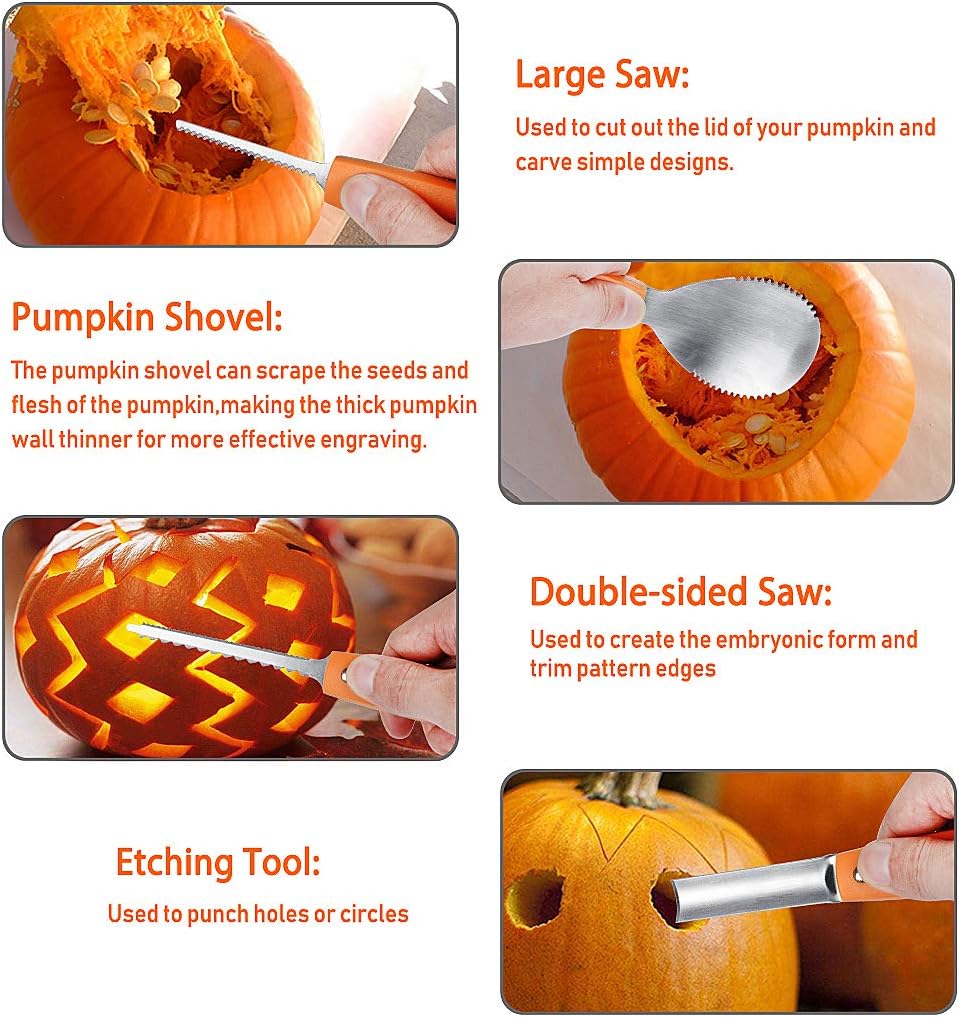 Professional Pumpkin Carving Kit, 11 Pieces Heavy Duty Stainless Steel Carving Tools for Halloween with Carrying Case and 10 Pcs Carving Templates - Orange