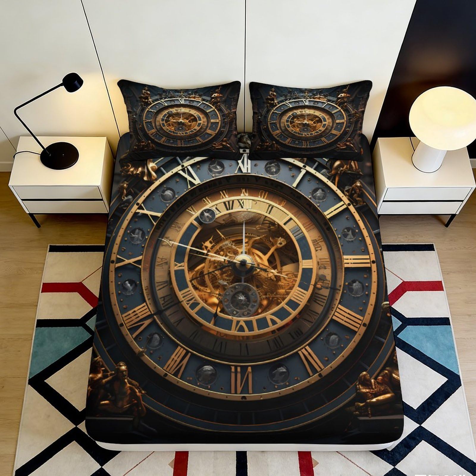 3D Printed Vintage Clock Fitted Sheet Microfiber Soft Durable Steampunk Bed Cover for Bedroom Dormitory Guest Room Mattress Protection 90x200x25cm