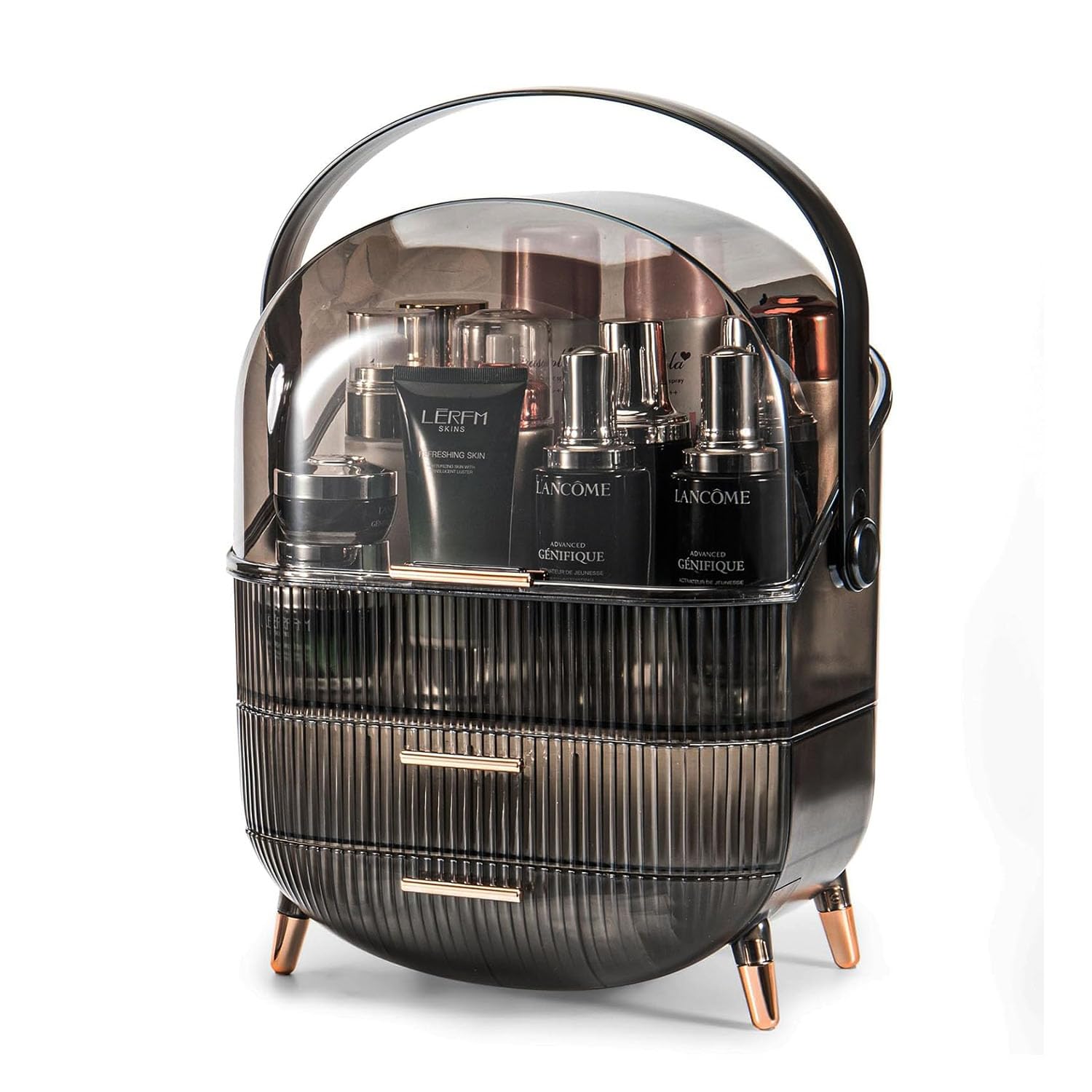 Makeup Organizer, 3 Layers Large Capacity Cosmetic Storage, Cosmetic Display Case with 2 Storage Drawers, Cosmetic Organizer for Bathroom Counter, Vanity Countertop, Bedroom, Desk (Clear Gray)