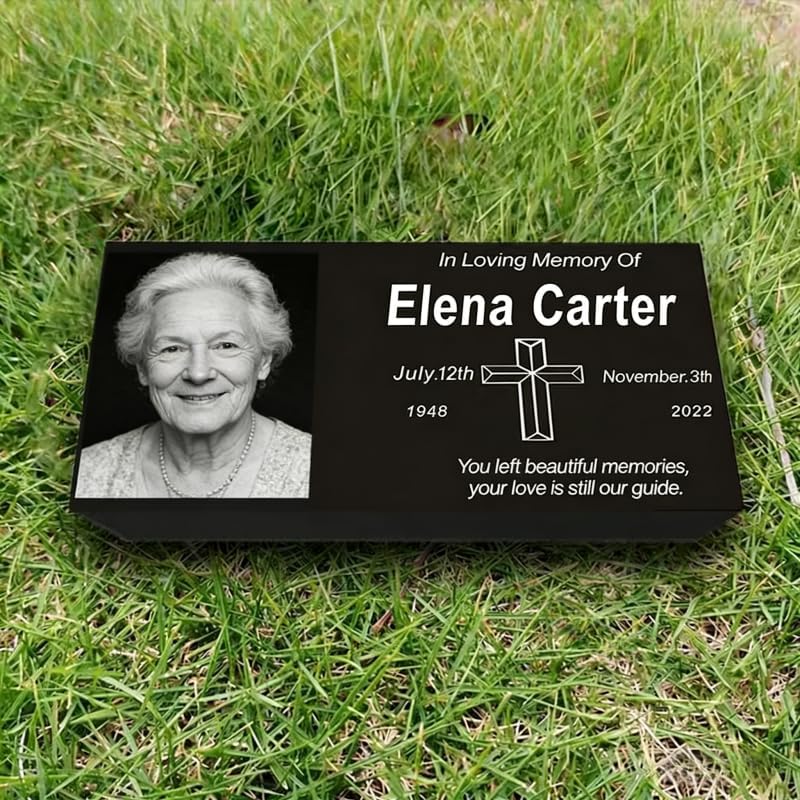 Personalized Granite Headstone Flat Grave Marker 24x12x3 Inch Custom Engraved Memorial Stone Black Monument Grade Cemetery Tombstone Permanent Grave Marker with Photo Engraving