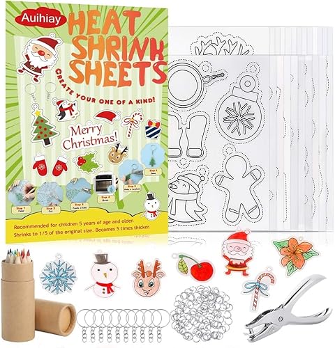 Auihiay 146 PCS Heat Shrink Plastic Sheet Kit Include 20 Shrink Paper with Christmas or Daily Pattern & 3 Blank Shrink Film Paper, Hole Punch, Keychains, Pencils for Kids Craft School Project