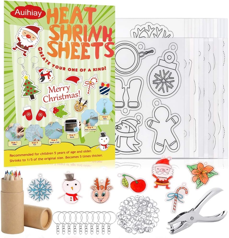 Auihiay 146 PCS Heat Shrink Plastic Sheet Kit Include 20 Shrink Paper with Christmas or Daily Pattern & 3 Blank Shrink Film Paper, Hole Punch, Keychains, Pencils for Kids Craft School Project