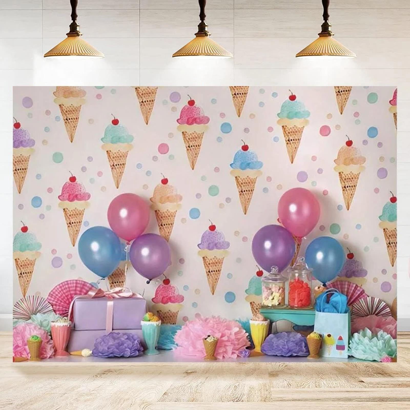 Fotografía Fondo Helado Pastel Caramelo Dulce Tienda Cumpleaños Globo Flor Caramelo Fondo Banner 350x240CM