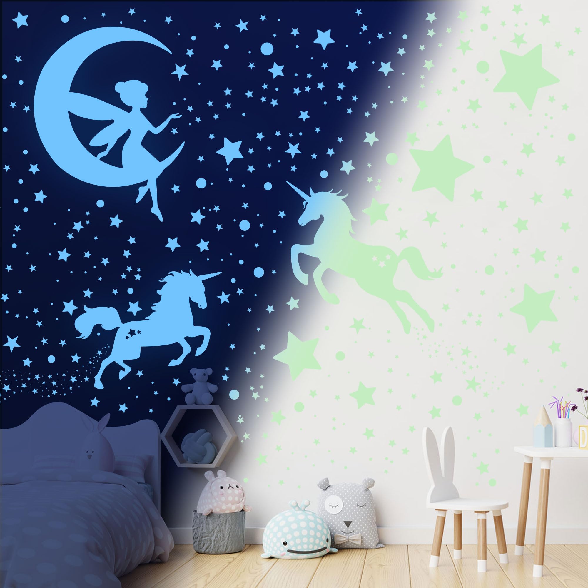 Adesivi Murali Fluorescenti Unicorno Stelle 585 Pezzi per Cameretta Bambine Soggiorno