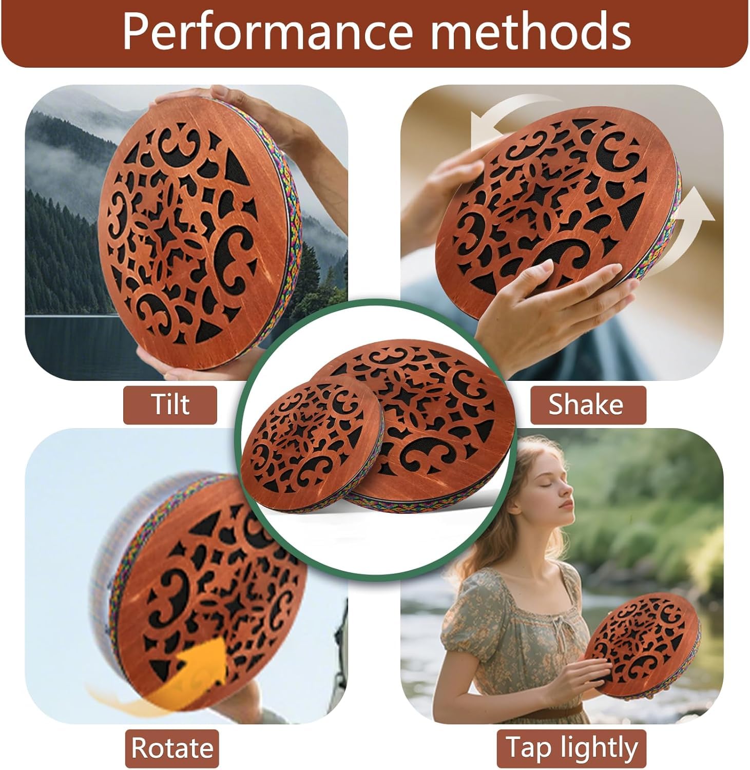 Tambour océan 30,5 cm - Tambour à débit d'eau « Cascade » - Tambour en bois onomatopique pour la guérison du son et l'accompagnement des performances
