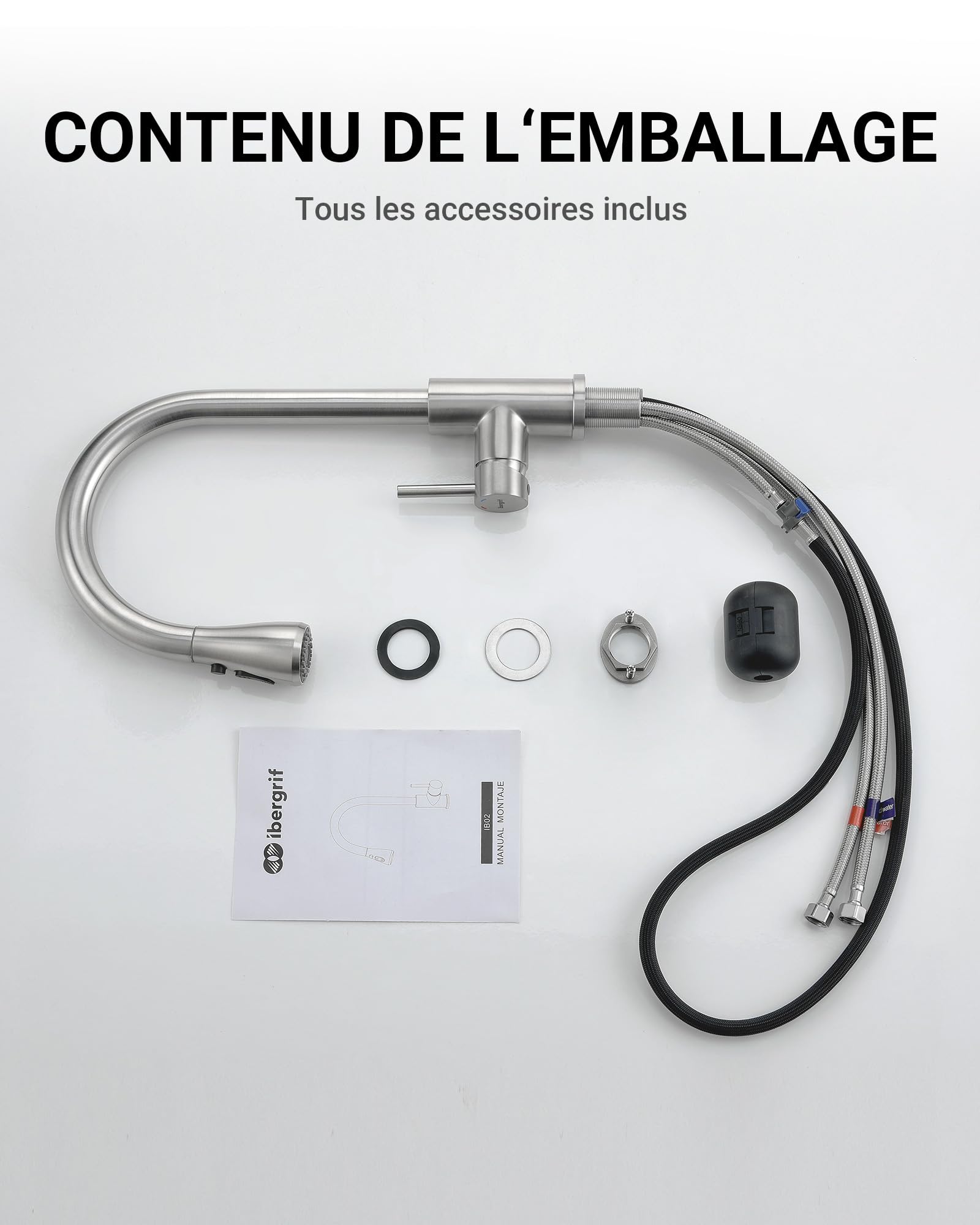 Ibergrif Robinet Cuisine Mitigeur Pivotant 360° Arc Élevé Douchette 3 Modes Pulvérisation Acier Inoxydable