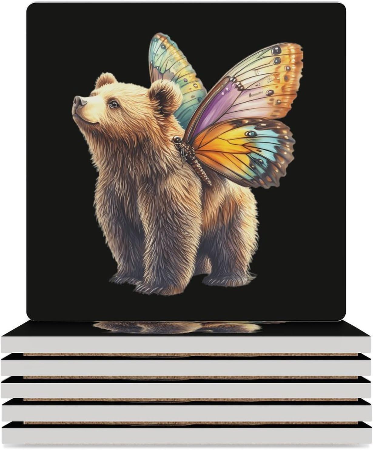 Bear with Butterfly Wings Funny Ceramic Coasters for Drink Absorbent Cup Holders Tabletop Protection