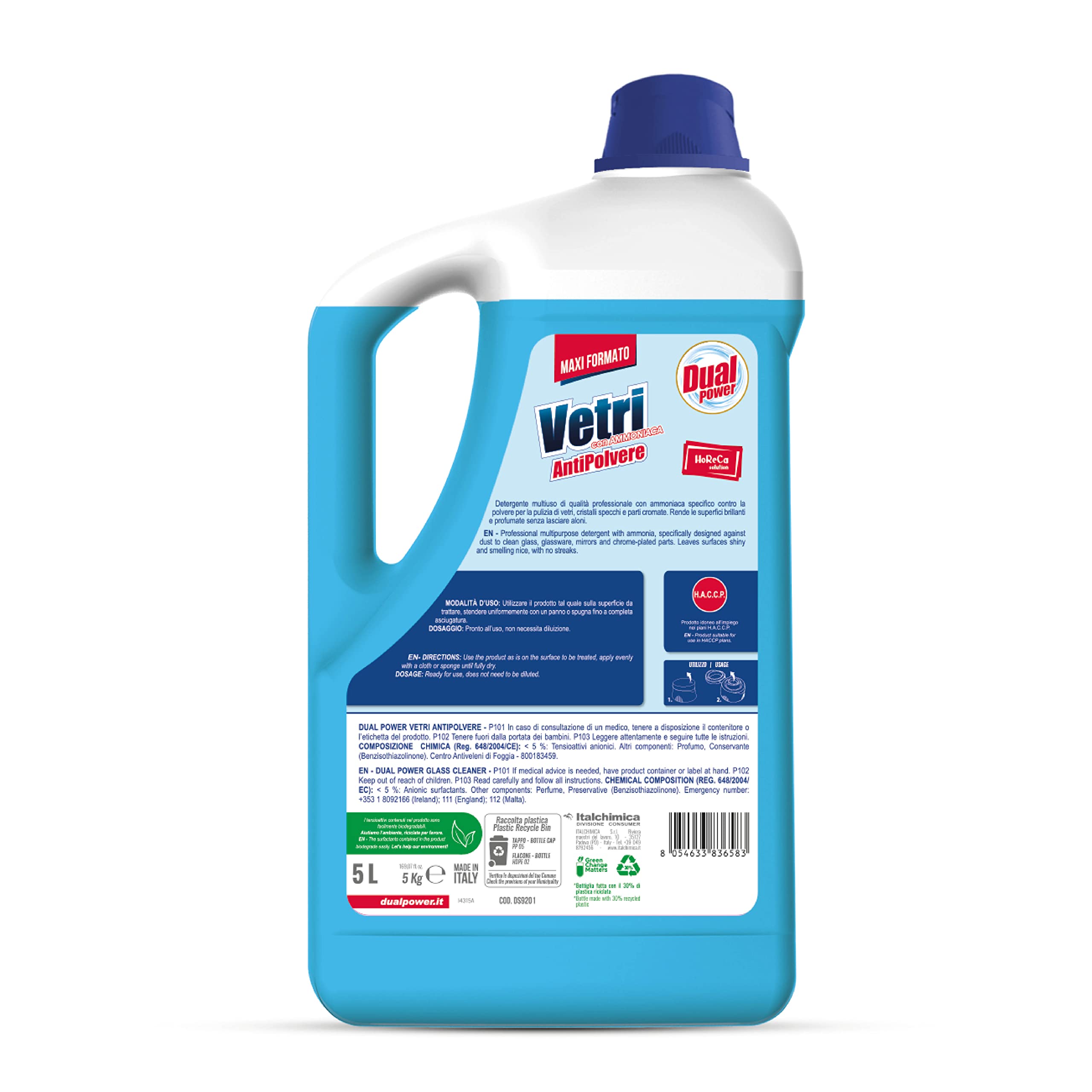Dual Power Detergente Multiuso HACCP 5 Litri Antibatterico Ammoniaca per Vetri e Specchi
