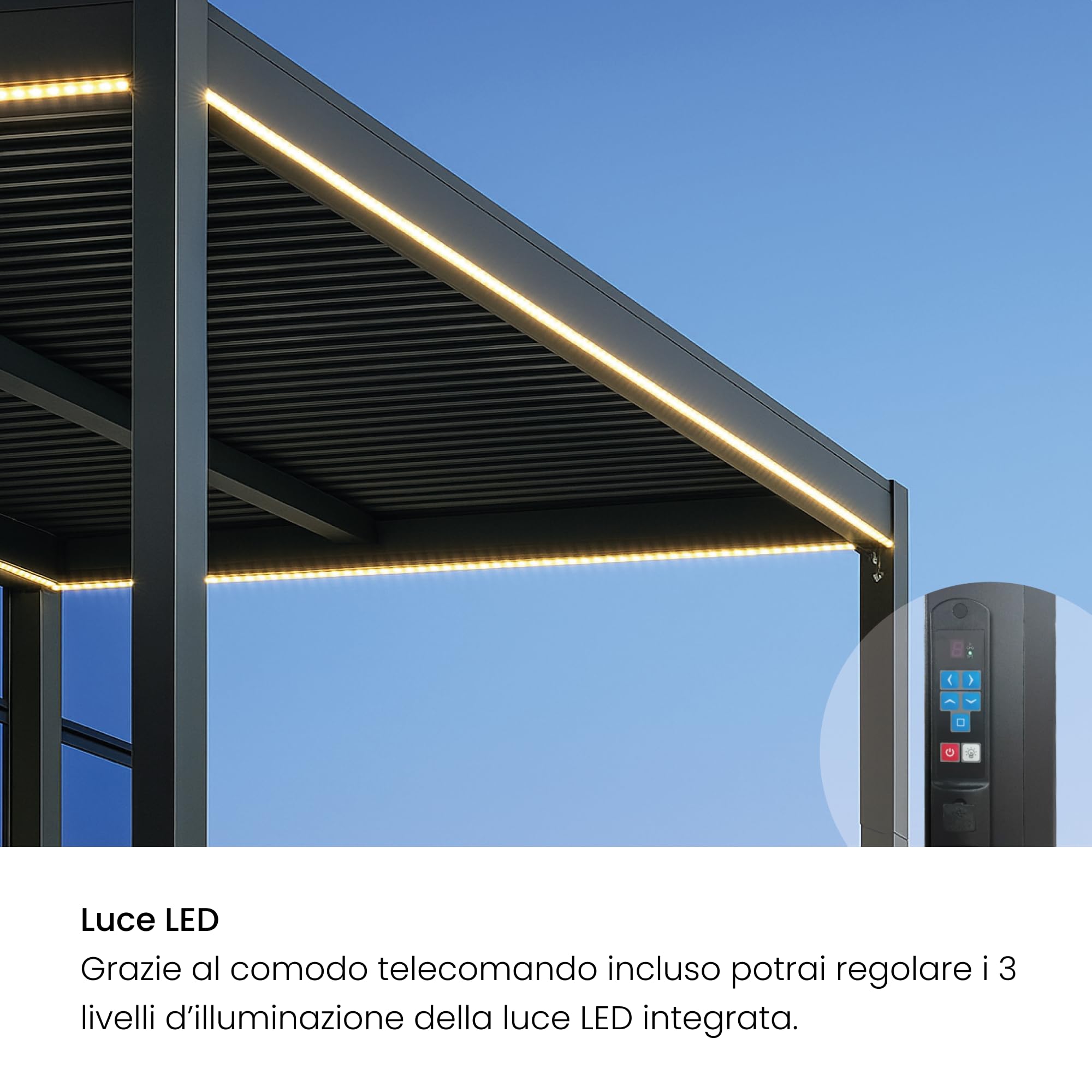 Estosa - Pergola Addossata Bioclimatica In Alluminio In Varie Misure Con Luci LED A 3 Livelli, Pannello Solare E Telecomando Inclusi, Pergola Da Terrazzo Esterno Resistente (Grigio, 3x4)