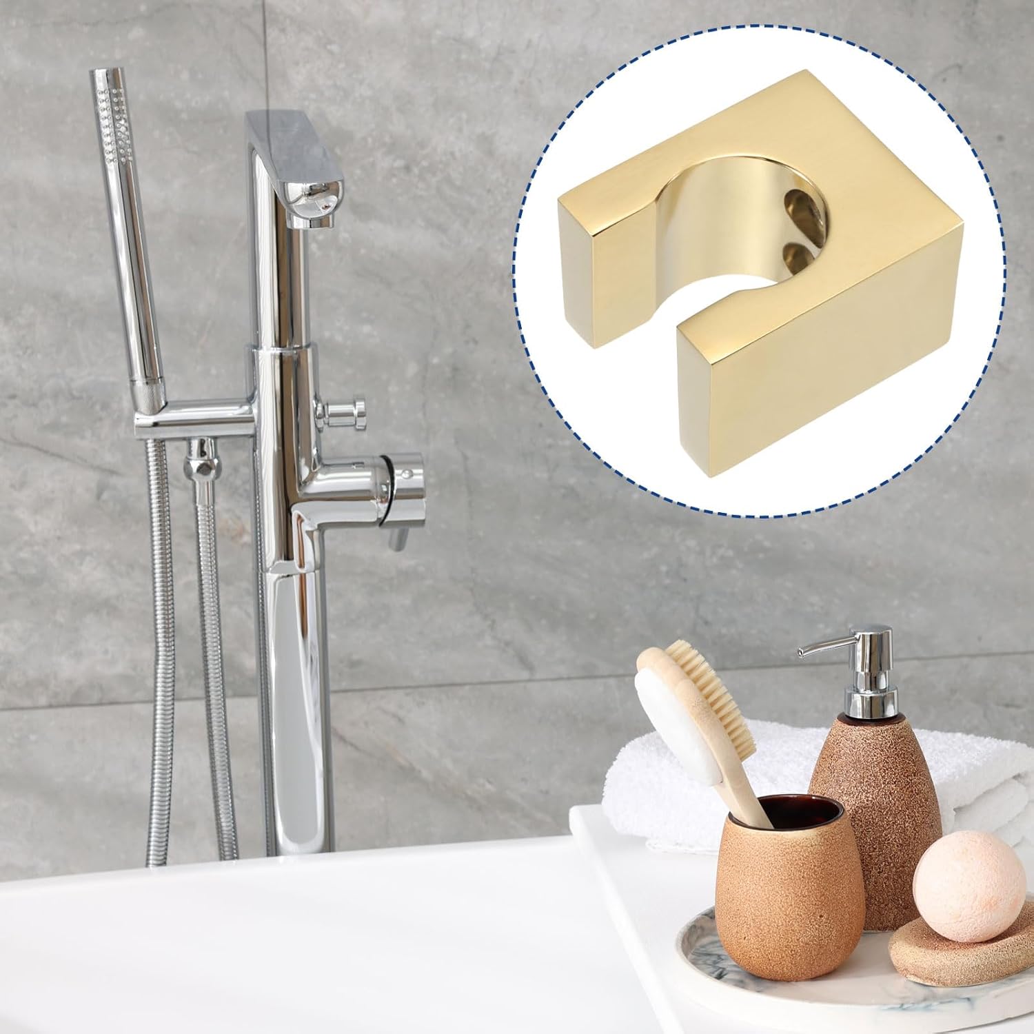 uxcell Shower Head Holder, Zinc Alloy Handheld Bidet Sprayer Holder Shower Wand Holder Toilet Sprayer Base Support Showerhead Clips with Screws for Faucet Bathtub (Square, Gold)
