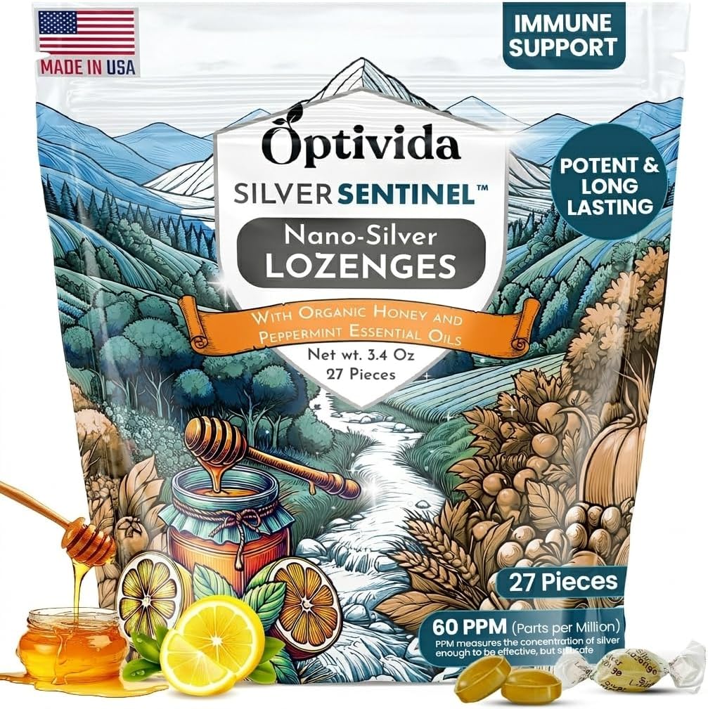 Nano Colloidal Silver Lozenges 60 PPM - Organic Cough Drops for Adults & Kids - Natural Honey Sore Throat Lozenges for Immune Support - Soothing Lemon Lozenges, Non GMO, Gluten Free - 27ct