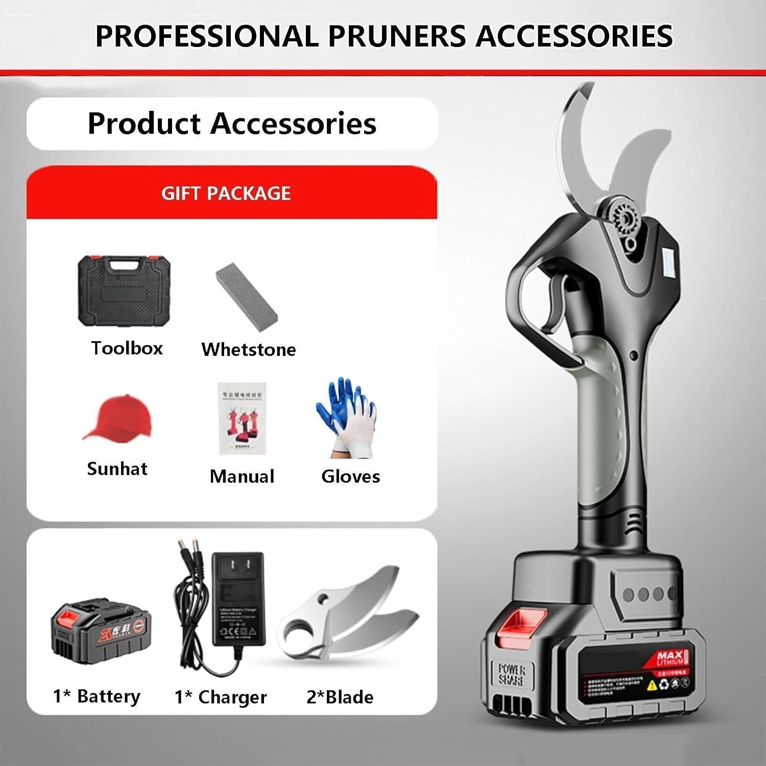 Electric Secateurs Pruning Scissors 45mm Cutting Diameter with Brushless Motor, 21V Battery-Powered Tree Pruner, Complete Tool Kit Replacement Blades, Charger, Gloves, and Toolbox