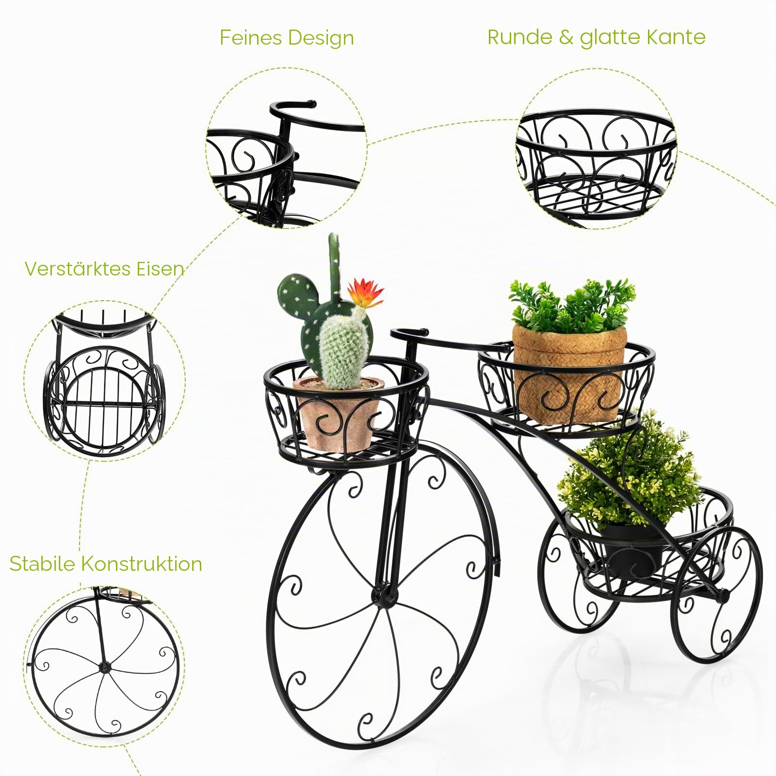 HOMASIS Blumenständer im Fahrradform, Blumentreppe Metall Pflanzenständer mit 3 Ebenen, Pflanzentreppe Vintage-Stil für Garten, Balkon, Büro, Blumenregal Pflanzregal 80x25x52cm (Schwarz)