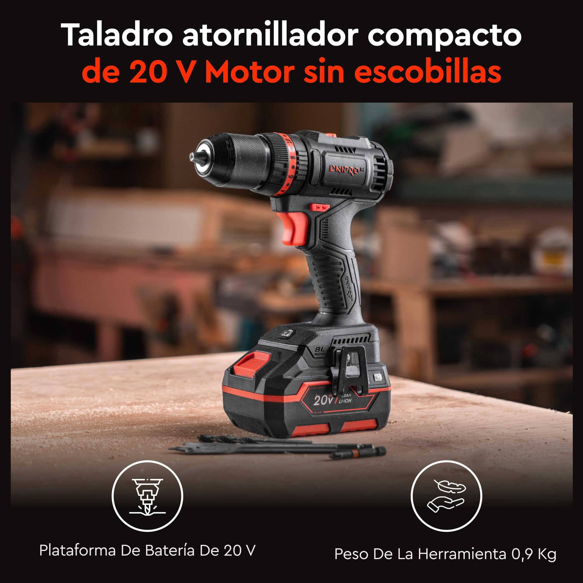 Taladro Atornillador Batería CD-201HBC Compact - Motor Brushless 20V 45Nm con Percutor - Sin Escobillas, 2 Velocidades, 20+3 Posiciones de Par, Portabrocas Metálico 13mm - Solo 0.9 kg | por Dnipro-M
