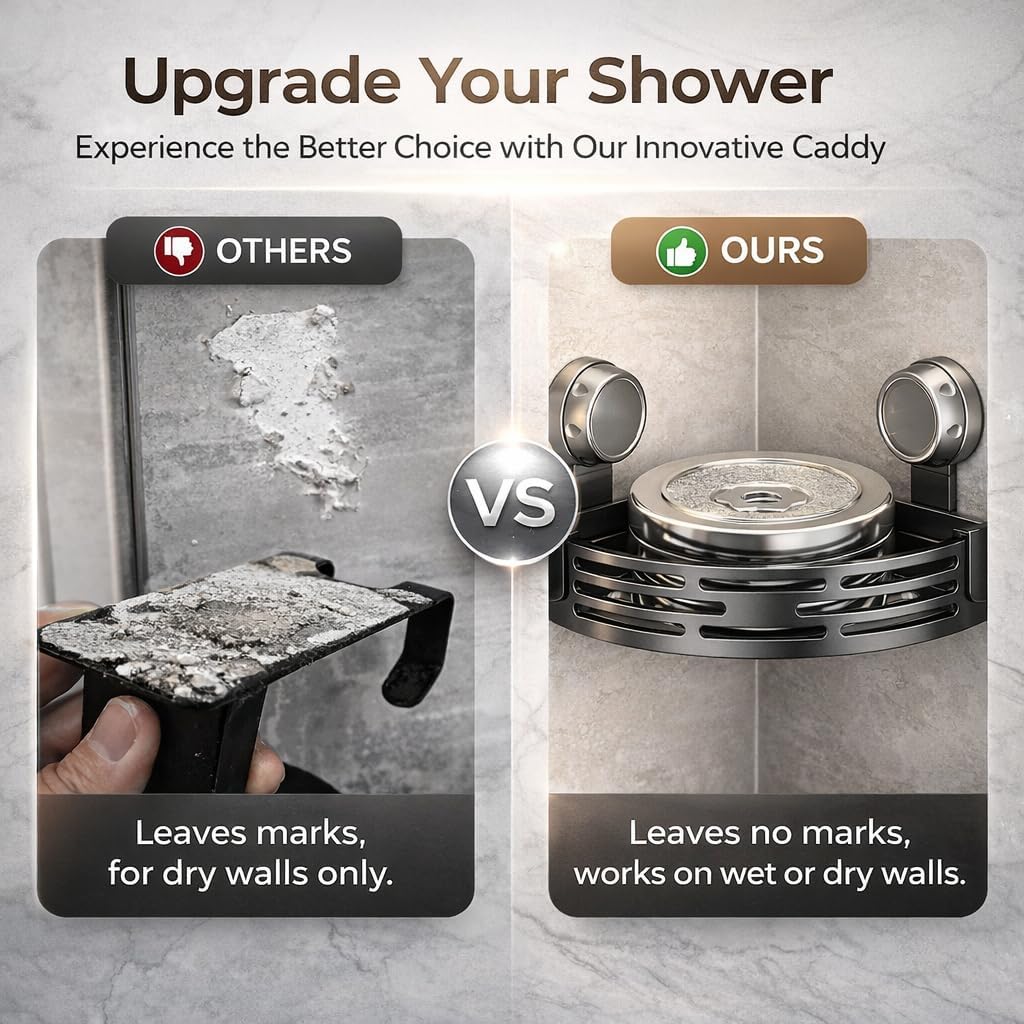 Triangle Suction Cup Corner Shower Shelf, No-Drill Bathroom Organizer with Towel Bar & 4 Hooks, Rust-Resistant 3-Tier Corner Caddy for Tile, Glass & Marble, Black (3PC)