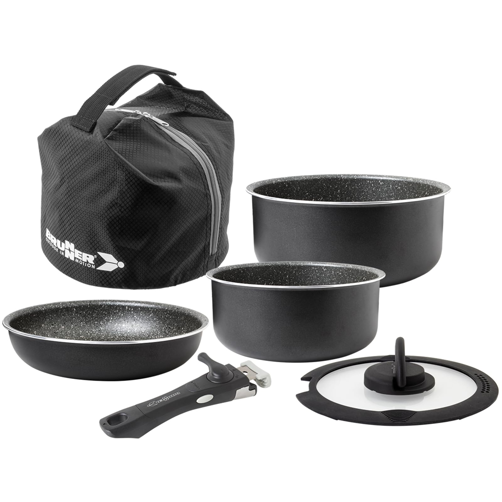 BRUNNER Camping Kochgeschirr-Set Alu (Töpfe und Pfannen) - ø 20, 22, 24, 26-cm Pirate Vakublock - 4 Personen, Beschichtet, Leicht, Hochwertig, Stapelbar