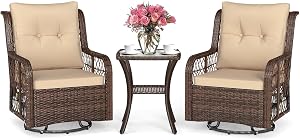 KOTEK 3 Piece Patio Swivel Rocker Set, Outdoor 360° Swivel Rocking Chairs with Side Table & Cushions, Wicker Bistro Set for Porch Backyard Balcony Deck (Beige)