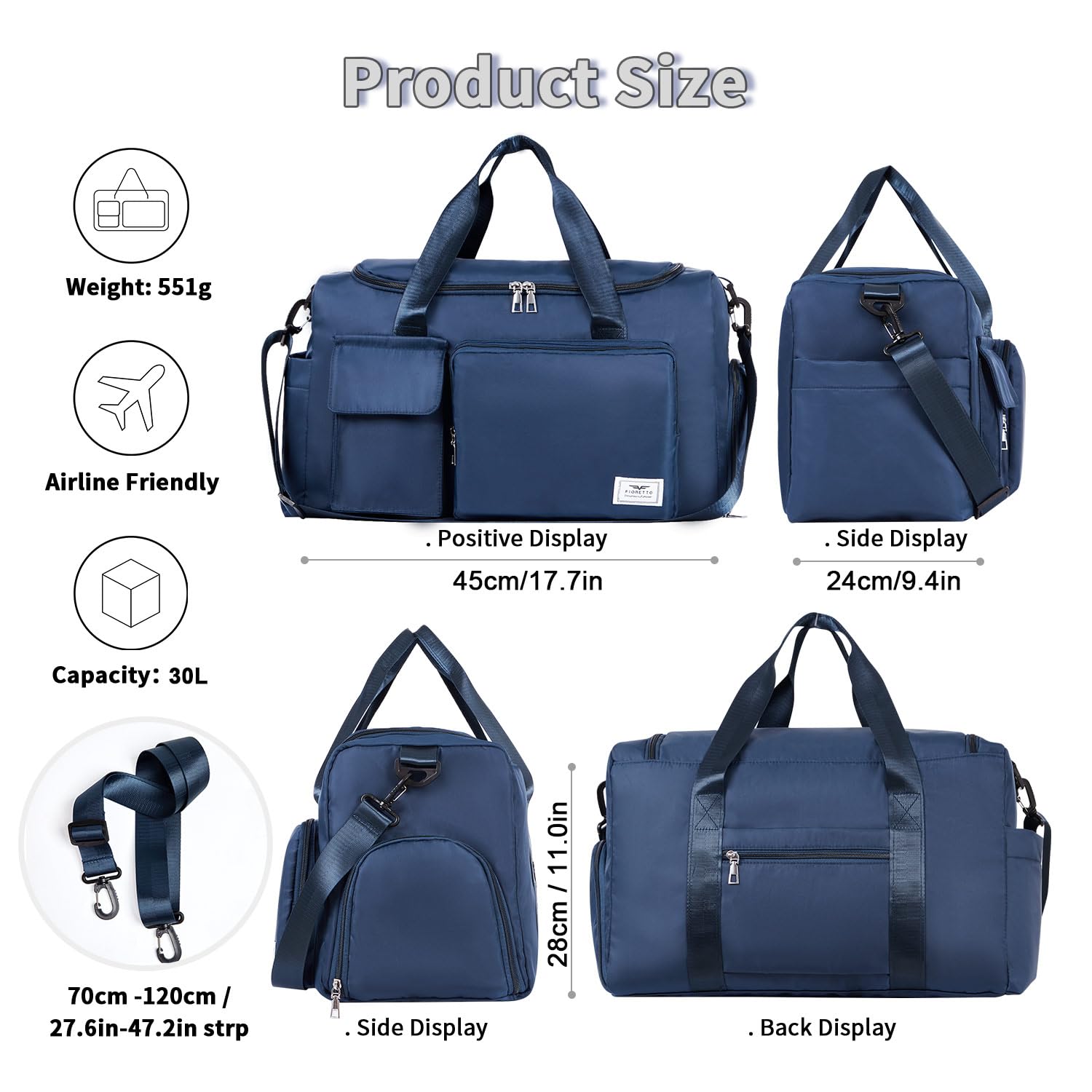 FIORETTO Womens Mens Sports Gym Bag Duffle Bag with Shoes Compartment - Image 2