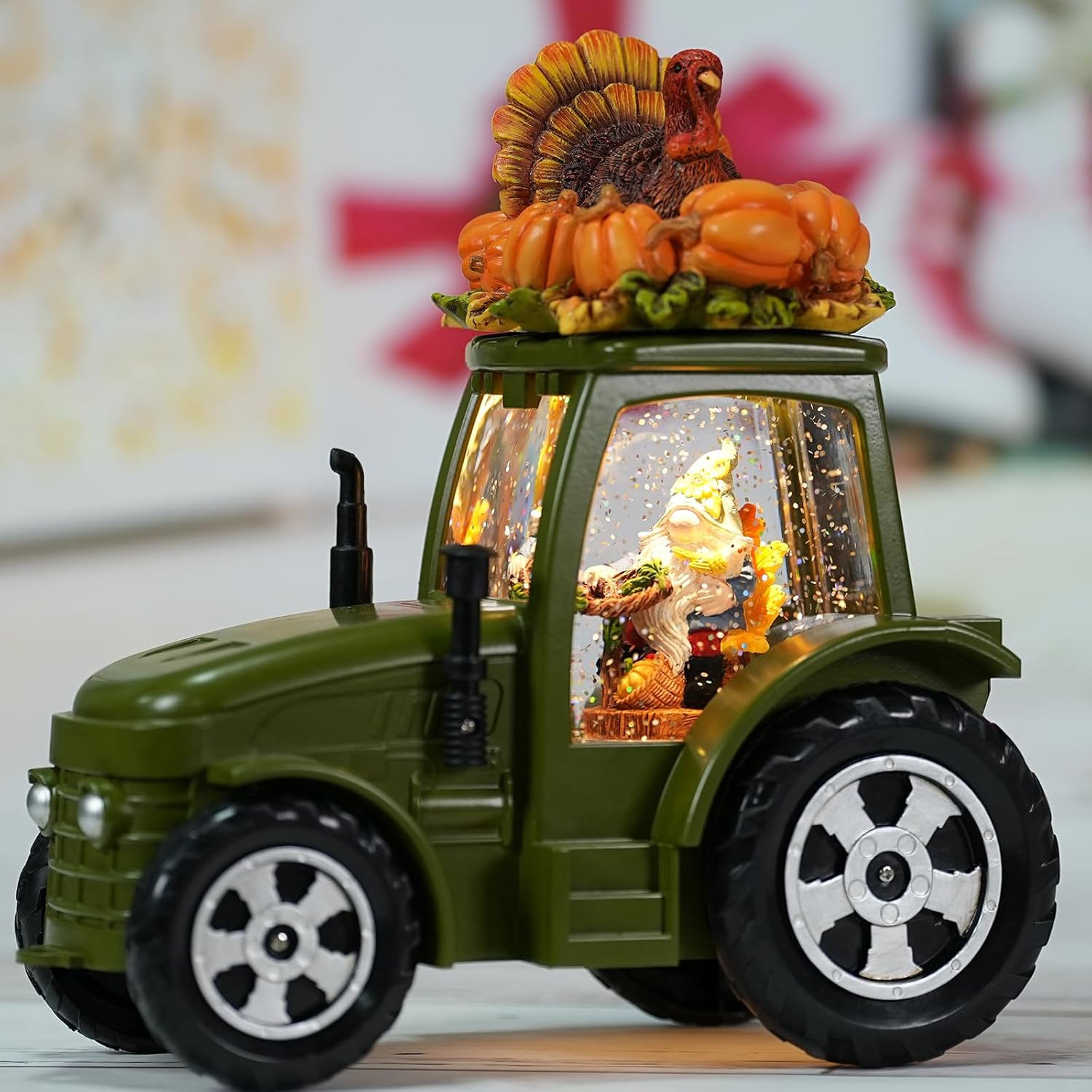 Thanksgiving Decoration Snow Globes, Turkeys Gnome Pumpkin Lighted Fall Decor, Swirling Glitter Snow Globes with Timer, Fall Harvest Day Autumn Green Tractor Thanksgiving Gifts - Image 2