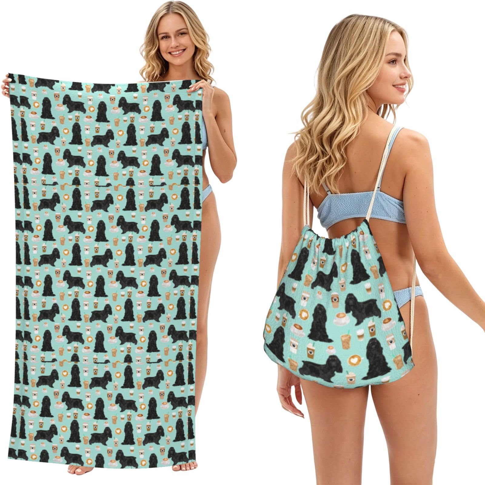 Poadnly As Picture Cocker Spaniel With Coffees Black Cocker Spaniel Dog, 2 In 1 Packable Towel Bag, Beach Towels With Drawstring Backpack For Travel Holiday Camping