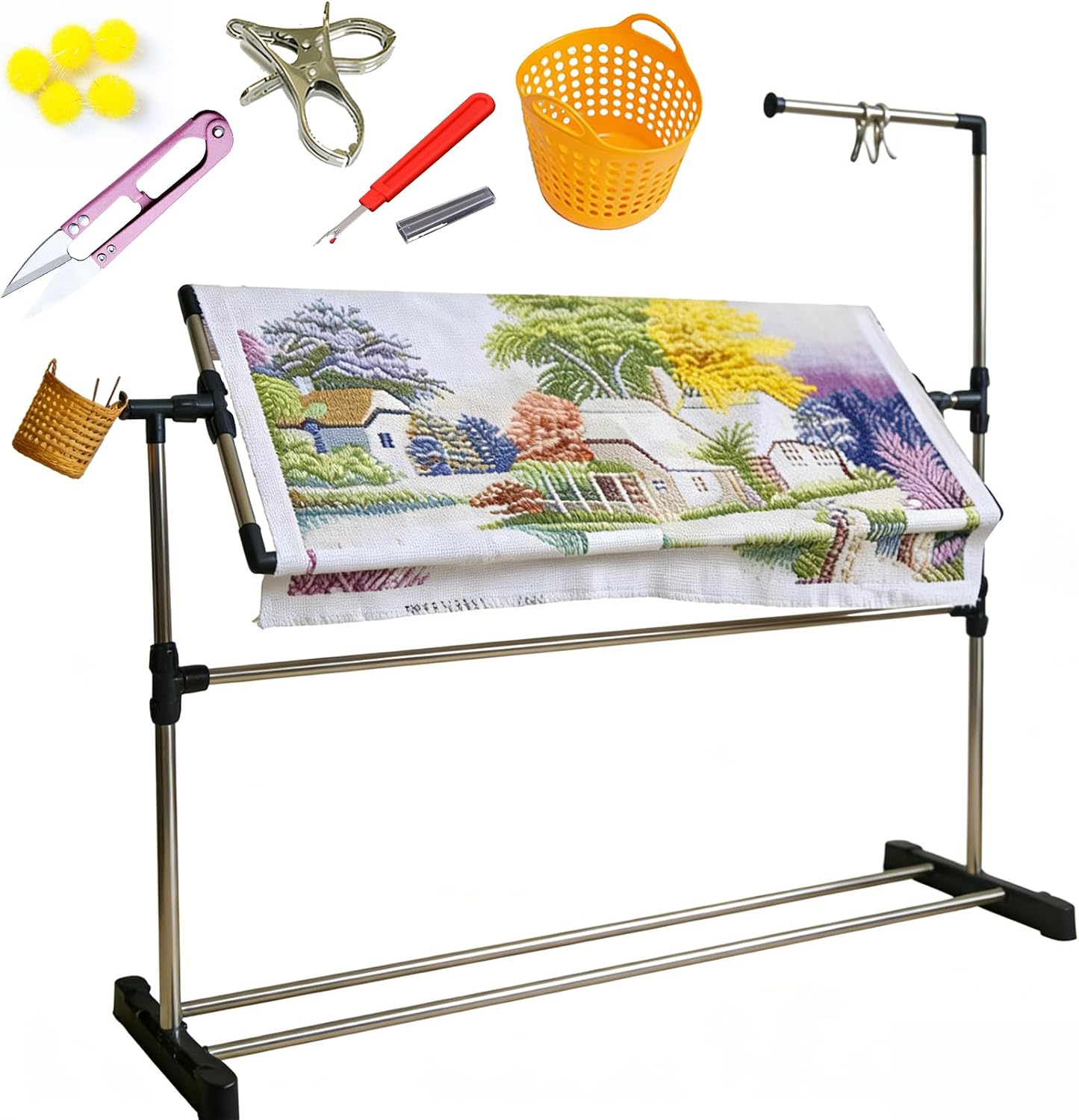 Embroidery Floor Stand, Adjustable Cross Stitch Frame with 360° Rotation & Height Adjustment, Needlework Stand with Pulley and Wheels for Hands-Free Crafting (B-98CM)