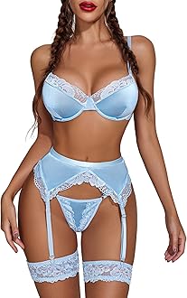 Avidlove Lingerie for Women Underwire Bra and Panty Sets 5 PCS Satin Lace Lingerie Set with Garter Belts