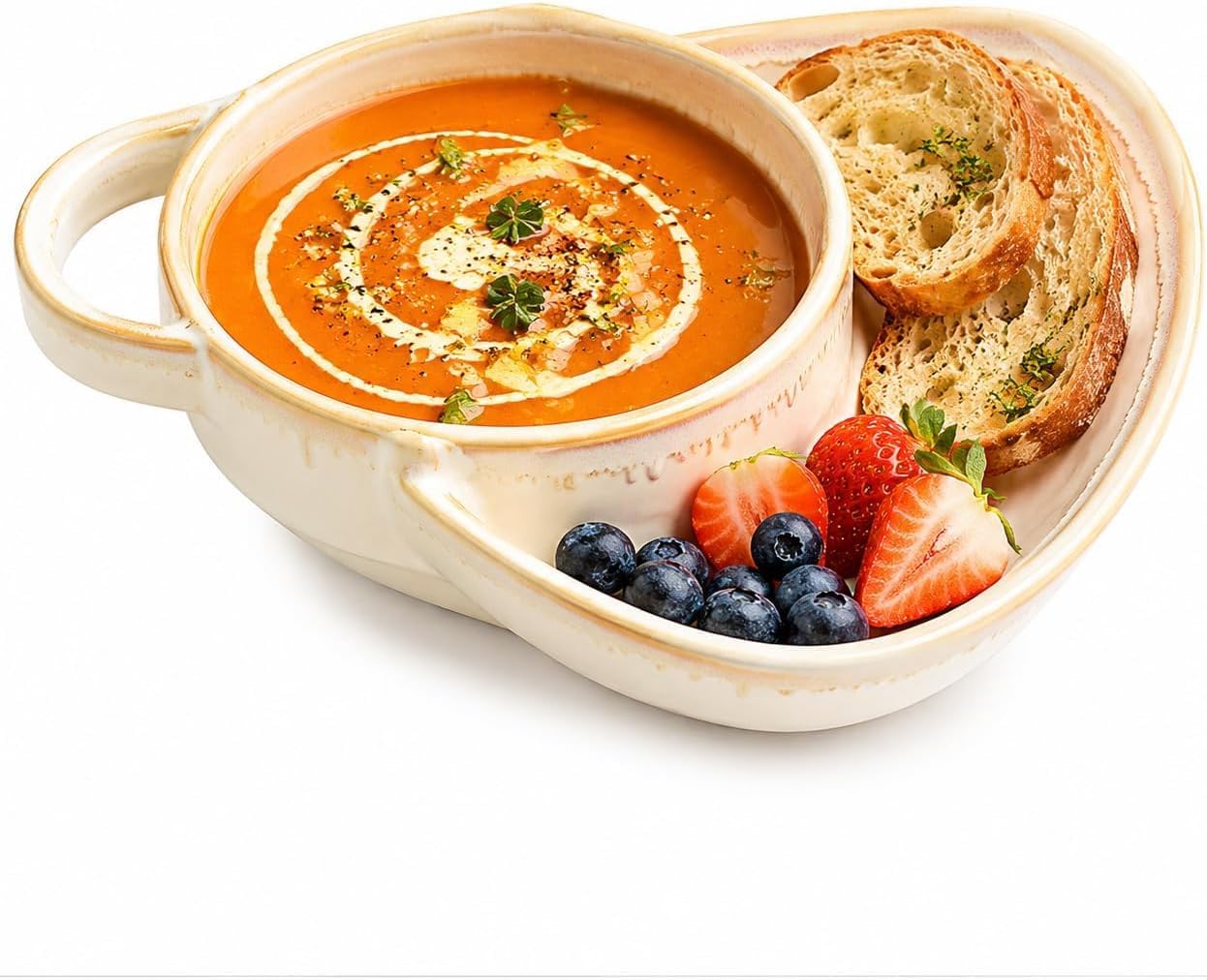 Soup and Sandwich Bowl, Ceramic Plate Combo with Bread Holder (White)