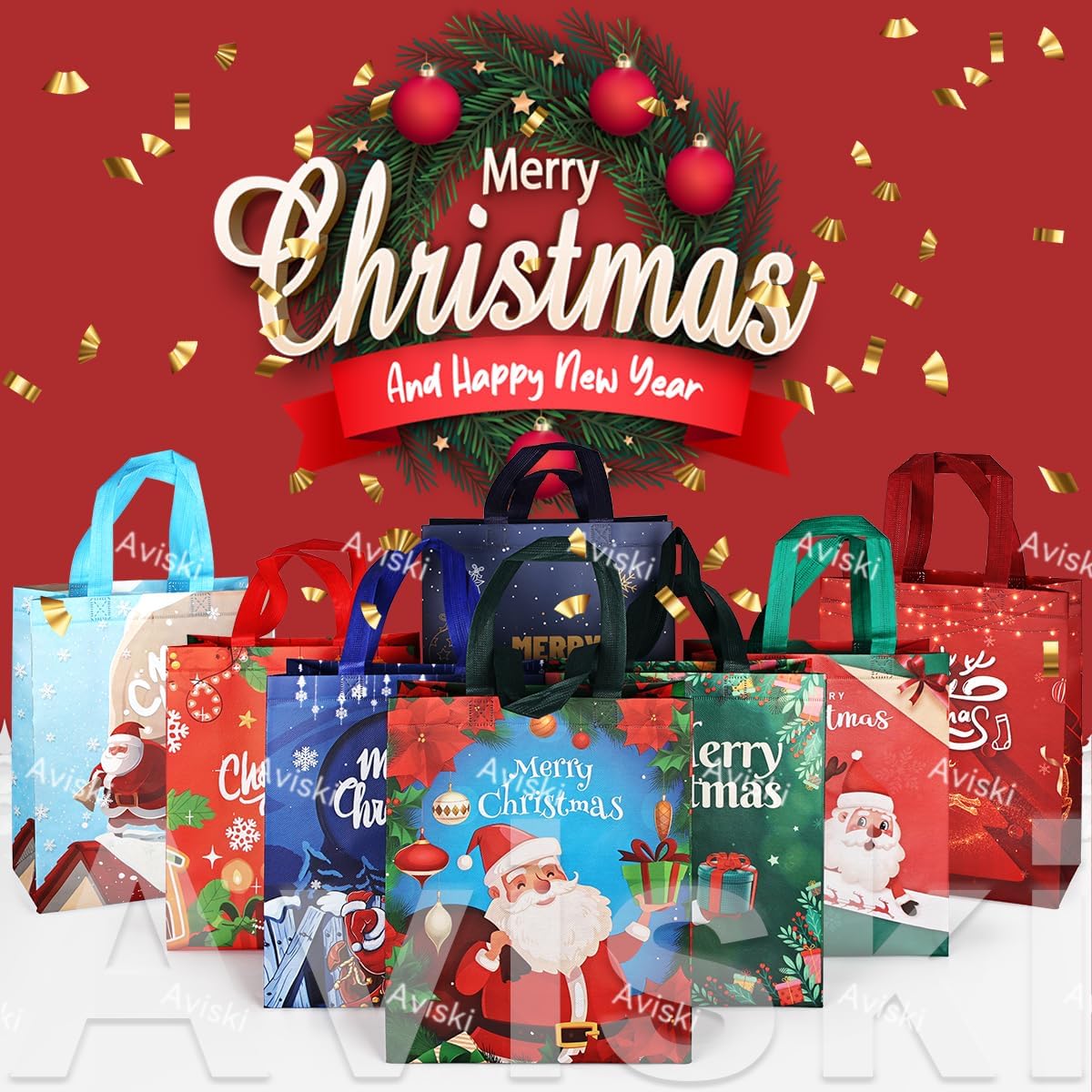 Aviski 16PCS Christmas Tote Treat Non-Woven Gift Bags with Handles for Gifts Wrapping Shopping, Xmas Party Supplies, 12.2×9.8×4.53inch