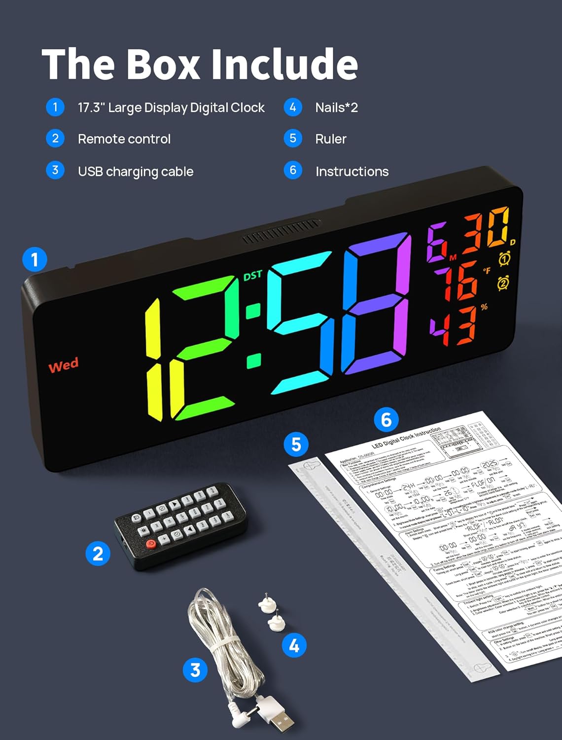 MASHI 17.3" Large Digital Wall Mount Clock, Digital Clock with Remote Control, Alarm, Big LED, RGB Color, DST, Temperature for Living Room Classroom Desk, Bedroom, Decor, Gift for Elderly (RGB)