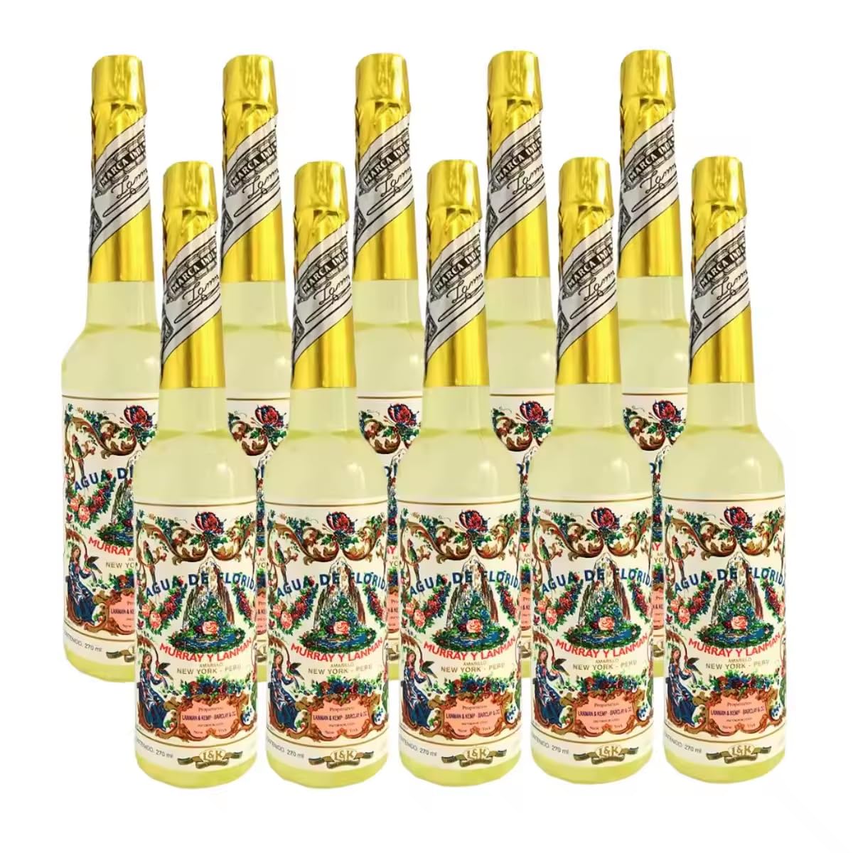 Pack 10 Botellas Agua Florida 270 ml 100% Colonia Original Perú Amarilla Murray & Lanman, Botella de plástico