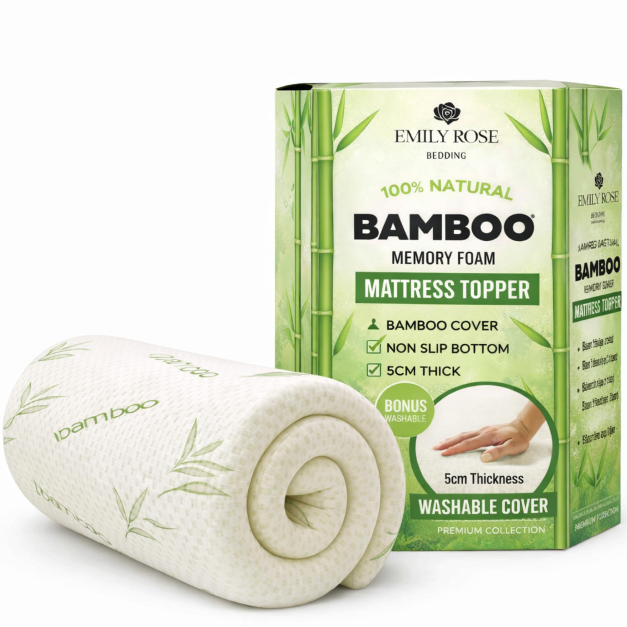 5cm Thick Bamboo Mattress Topper for Double Bed - Luxury Soft & Cosy Mattress Enhancer Pad with Easy Fit Straps - Breathable, Hypoallergenic Topper for Back Pain Relief with Machine Washable Cover