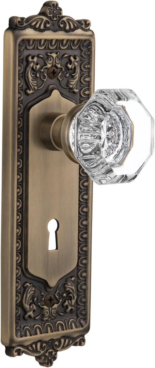Nostalgic Warehouse Egg and Dart Plate with Keyhole Waldorf Crystal Knob, Mortise, Unlacquered Brass