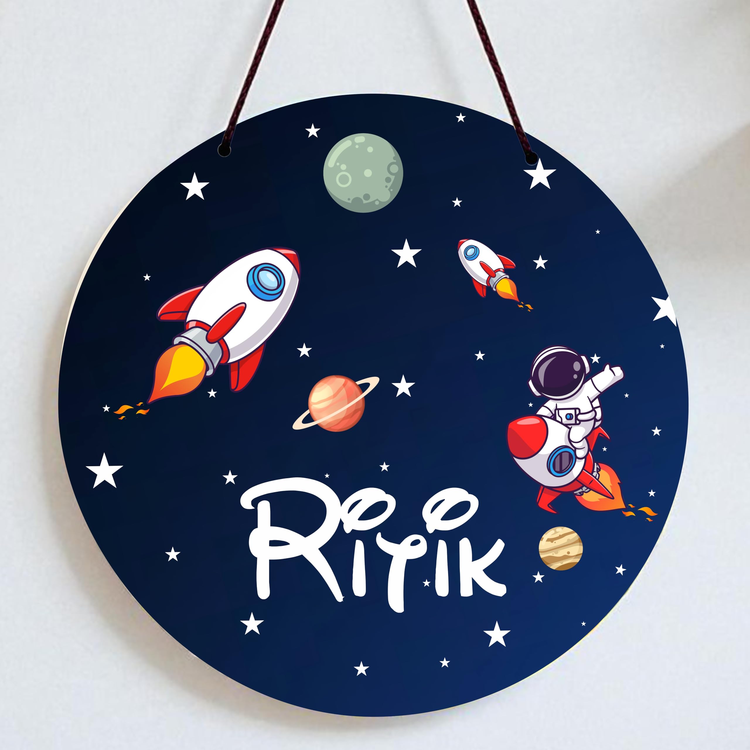 Precious Art Gifts Personalized Space Uv Printed Kids Room Name Plate, Round Hanging Wall Decor, Multicolor (SPACE)