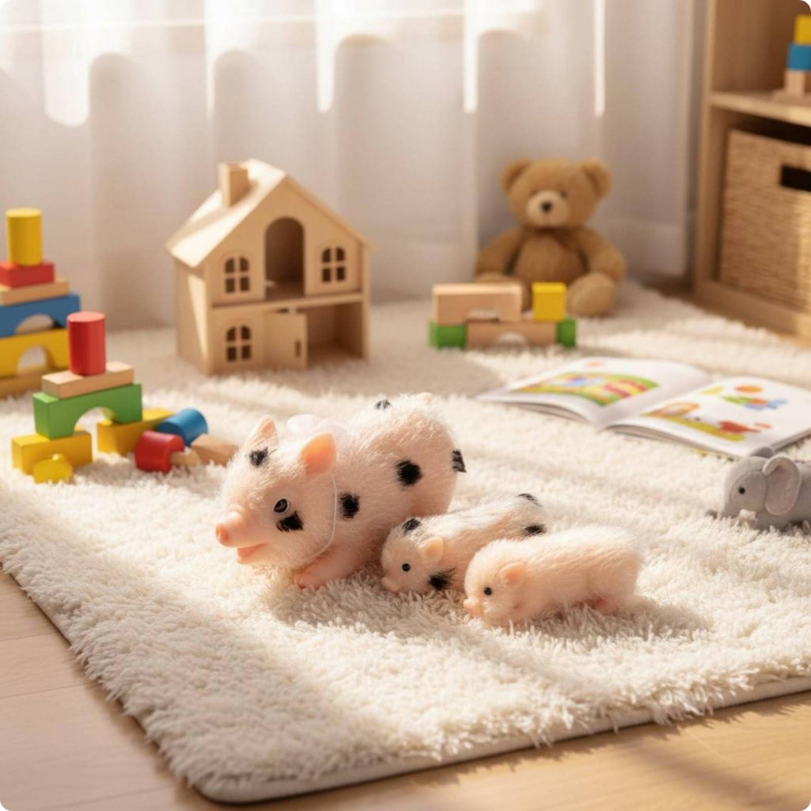 Giocattolo Set Maialini Fattoria Accessori Alimentazione Silicone Morbido Sensoriale Collezione Storie Inventate Gioco di Ruolo Bambini Scrivania, Set Famiglia Di 3 Maialini Con 4 Accessori