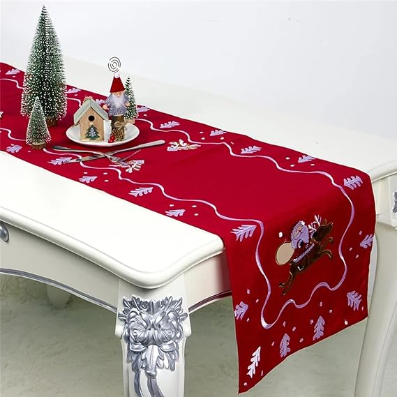 Santa Clause Embroidery Table Runner Holiday Table Runners for Dining Room for Christmas Table Decorations (13x70 inch),Blue